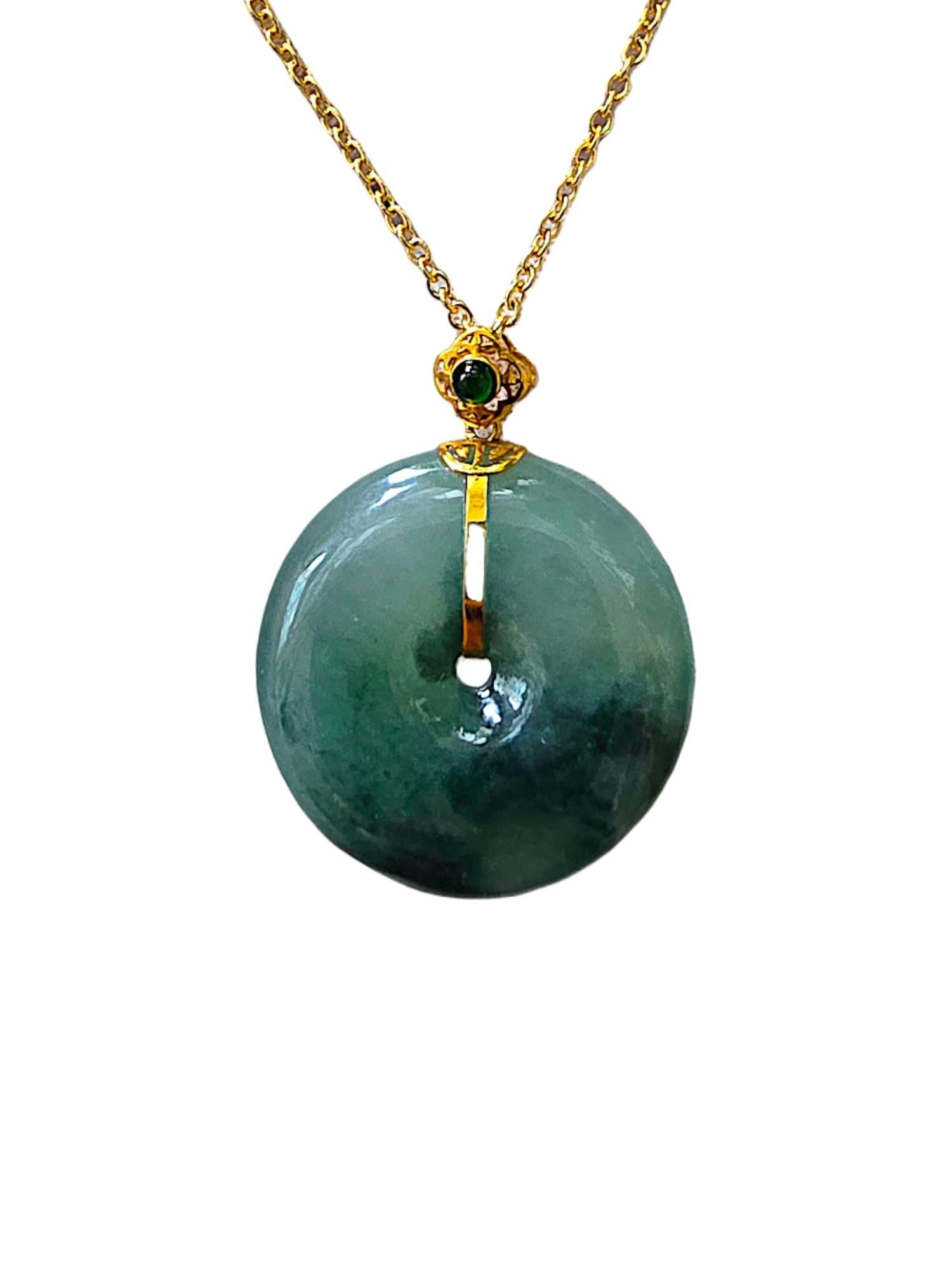 Certified Han Round Burmese Green A-Jadeite 23mm Donut Pendant w 18K Yellow Gold 5