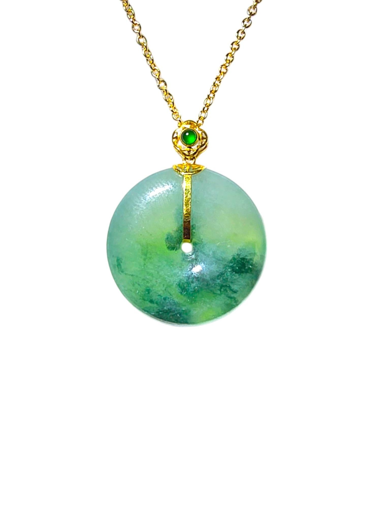 Certified Han Round Burmese Green A-Jadeite 23mm Donut Pendant w 18K Yellow Gold 6