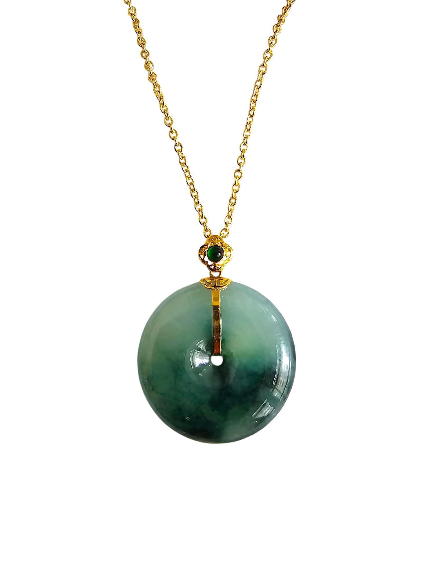 Certified Han Round Burmese Green A-Jadeite 23mm Donut Pendant w 18K Yellow Gold 7