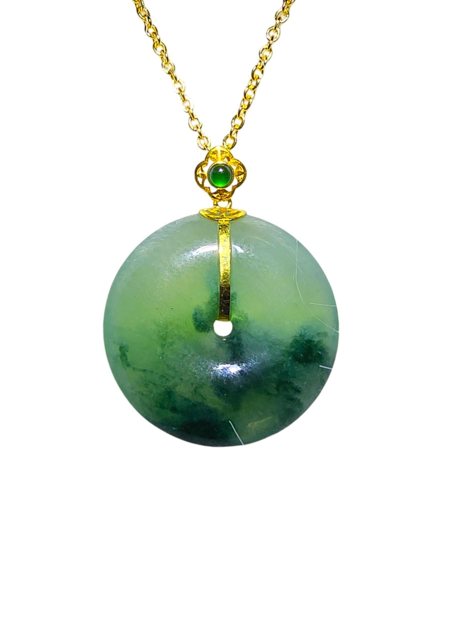 Certified Han Round Burmese Green A-Jadeite 23mm Donut Pendant w 18K Yellow Gold 8