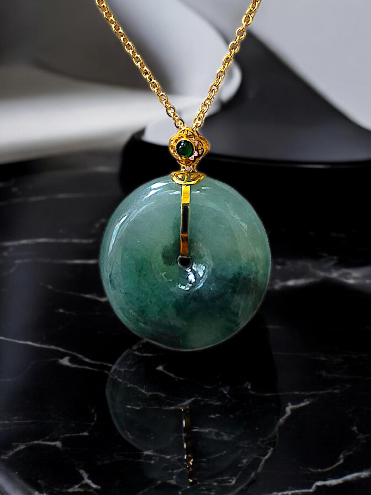 Certified Han Round Burmese Green A-Jadeite 23mm Donut Pendant w 18K Yellow Gold 1
