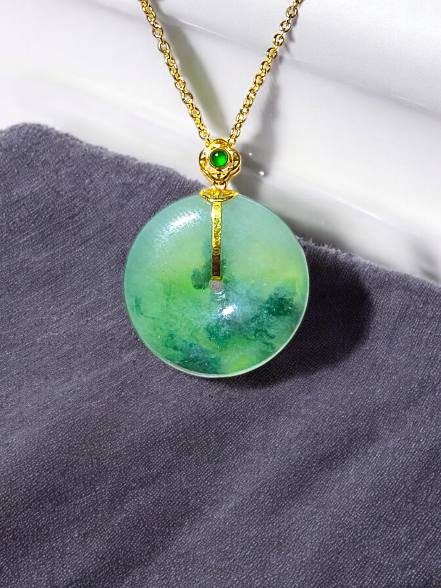 Certified Han Round Burmese Green A-Jadeite 23mm Donut Pendant w 18K Yellow Gold 2