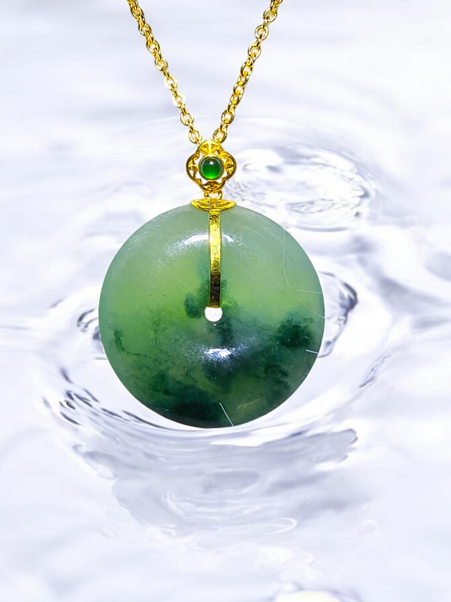 Certified Han Round Burmese Green A-Jadeite 23mm Donut Pendant w 18K Yellow Gold 3