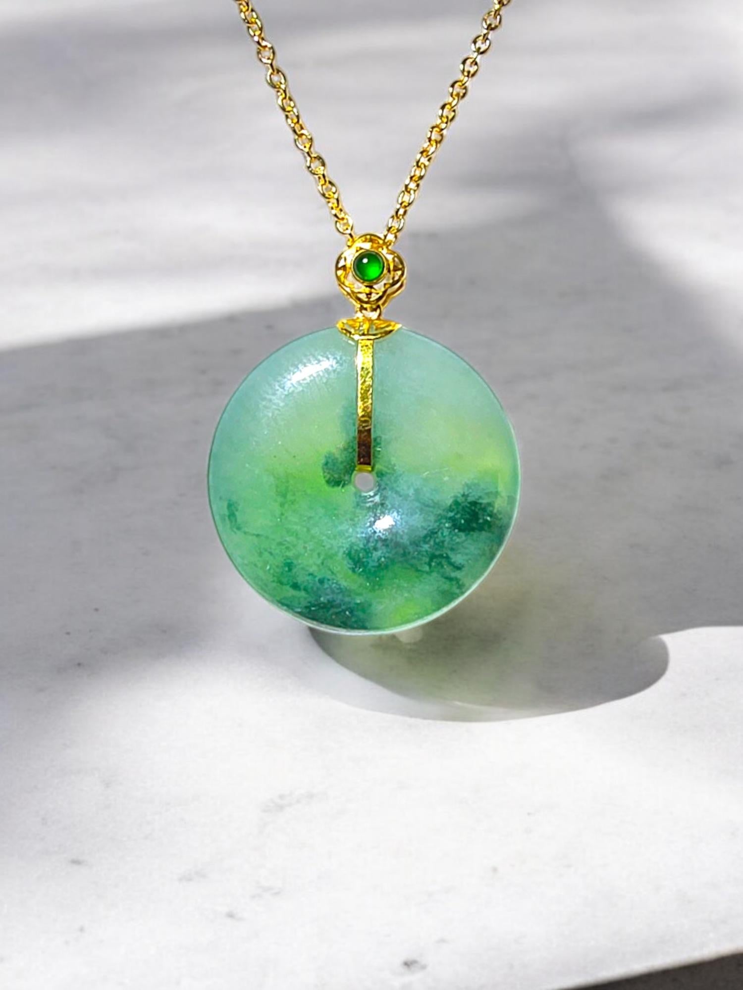Certified Han Round Burmese Green A-Jadeite 23mm Donut Pendant w 18K Yellow Gold 4