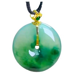Certified Han Round Burmese Green A-Jadeite 23mm Donut Pendant w 18K Yellow Gold