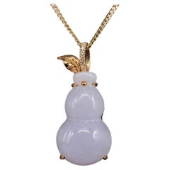 Certified Ice Lavender Jadeite Jade Calabash Diamond Pendant in 18k Rose Gold