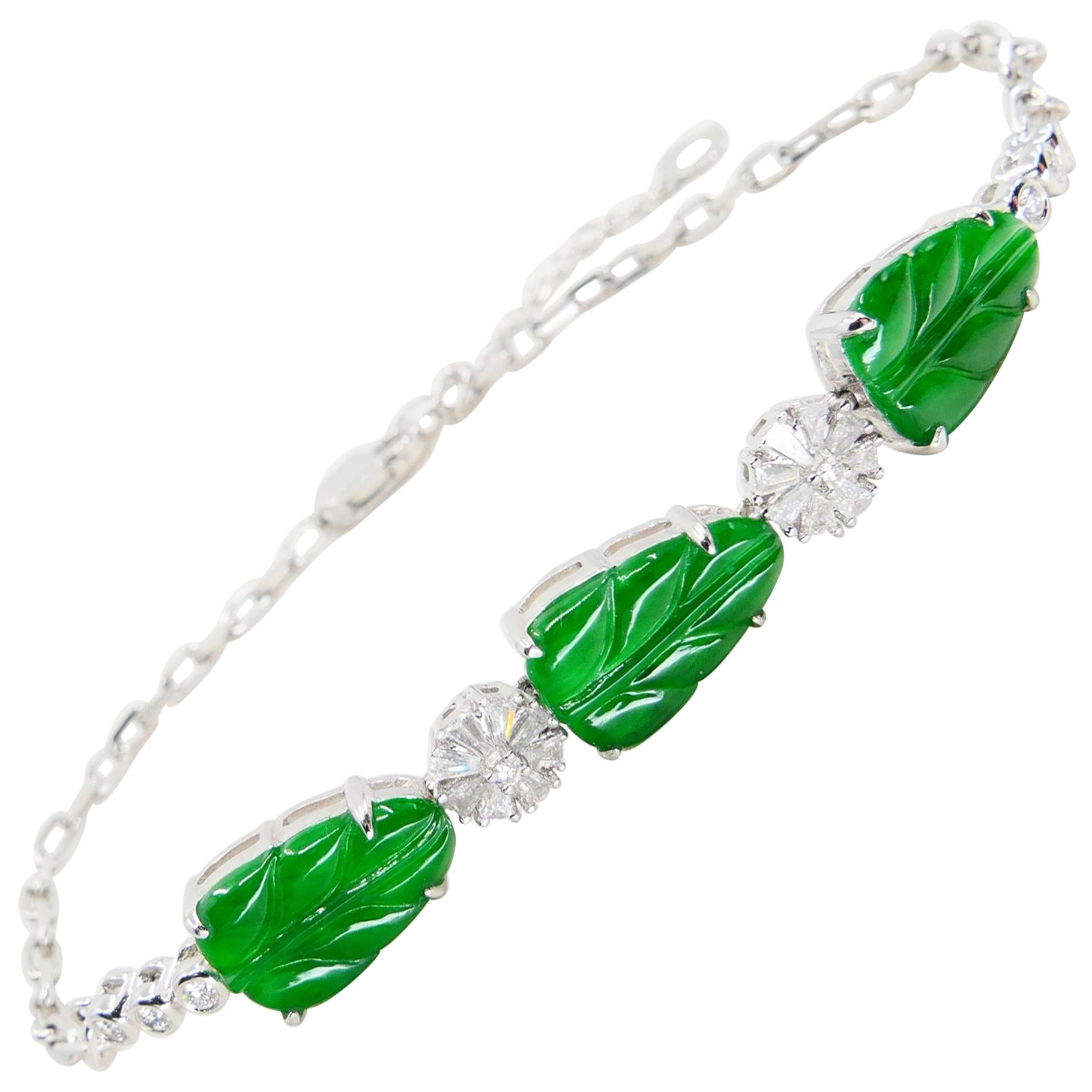 Certified Icy Apple Green Jade and Diamond Bracelet, Borderline Imperial Green For Sale