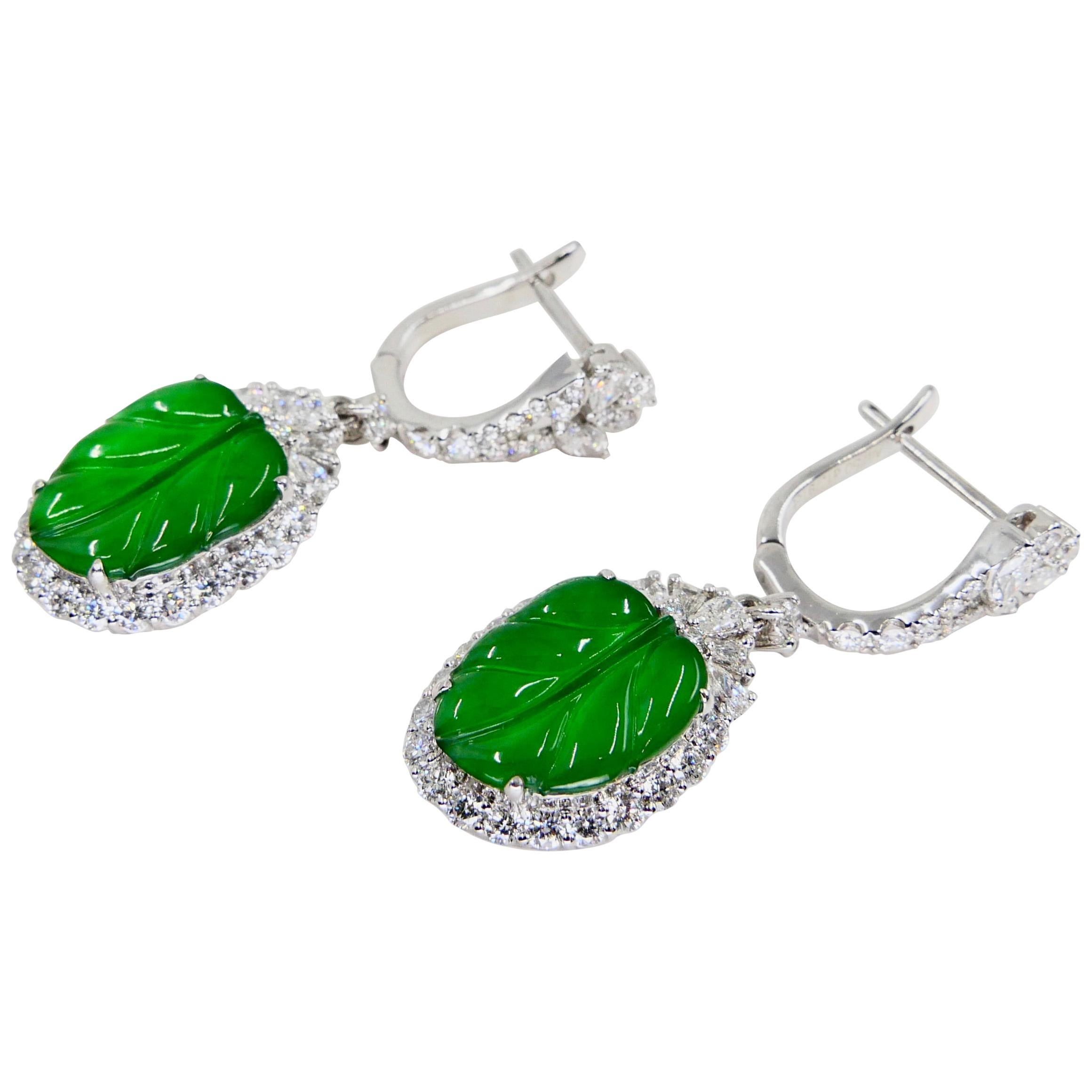Certified Icy Apple Green Jade and Diamond Earrings, Almost Imperial Green