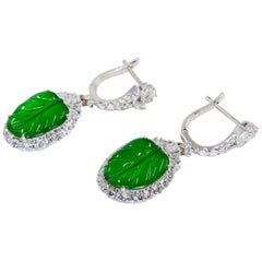 Certified Icy Apple Green Jade and Diamond Earrings, Almost Imperial Green