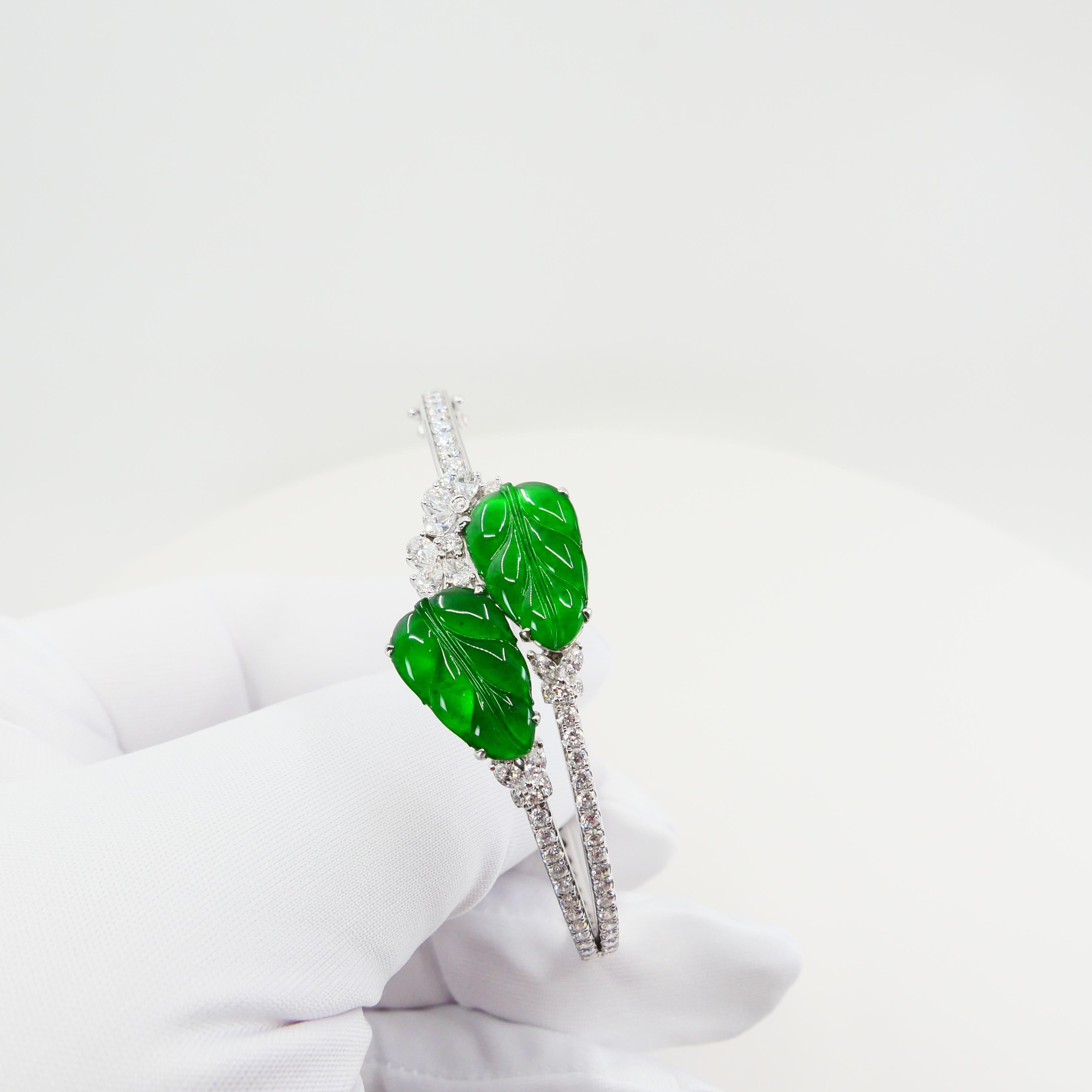 Certified Icy Apple Green Jade & Diamond Bangle Bracelet, Almost Imperial Green 3