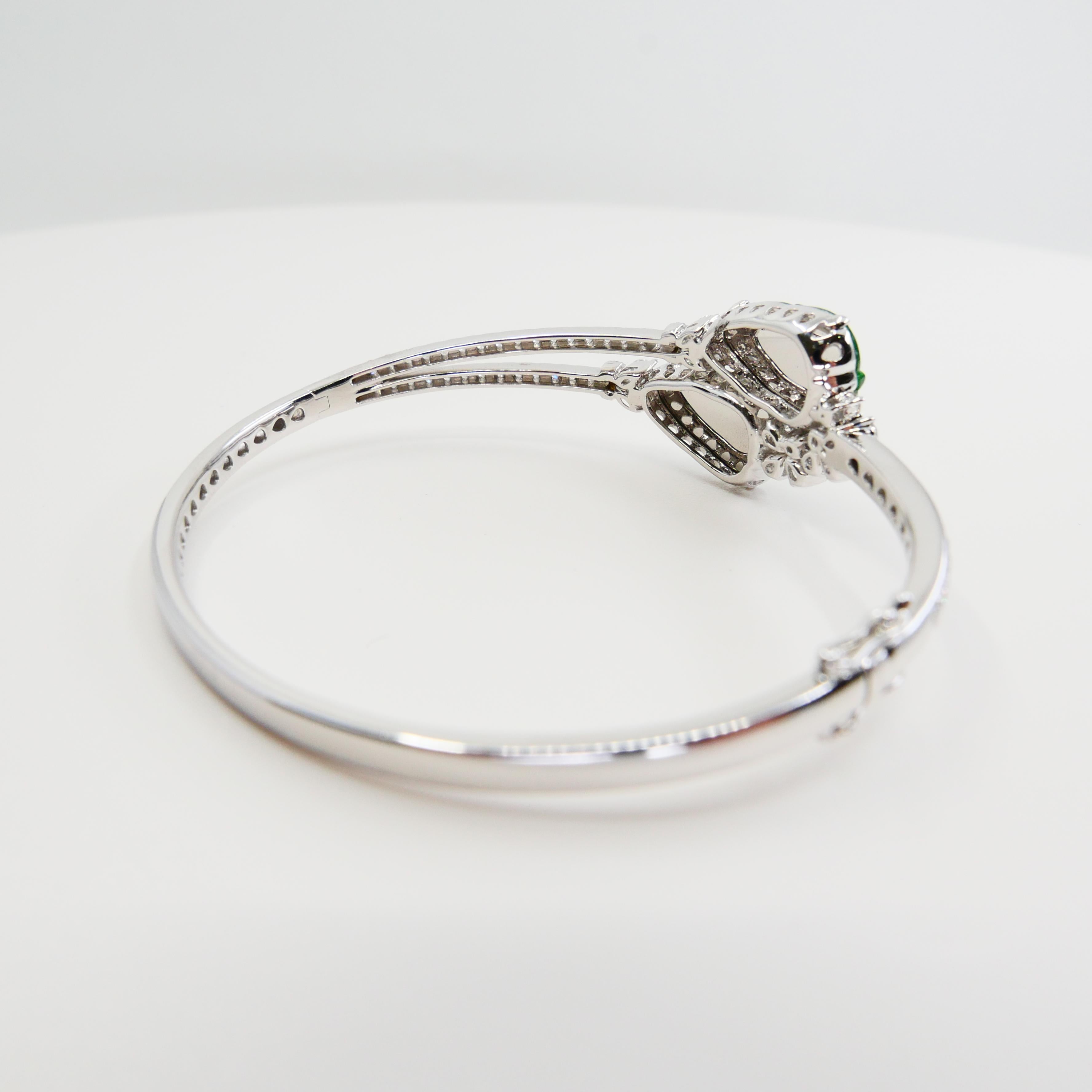 Certified Icy Apple Green Jade & Diamond Bangle Bracelet, Almost Imperial Green 4
