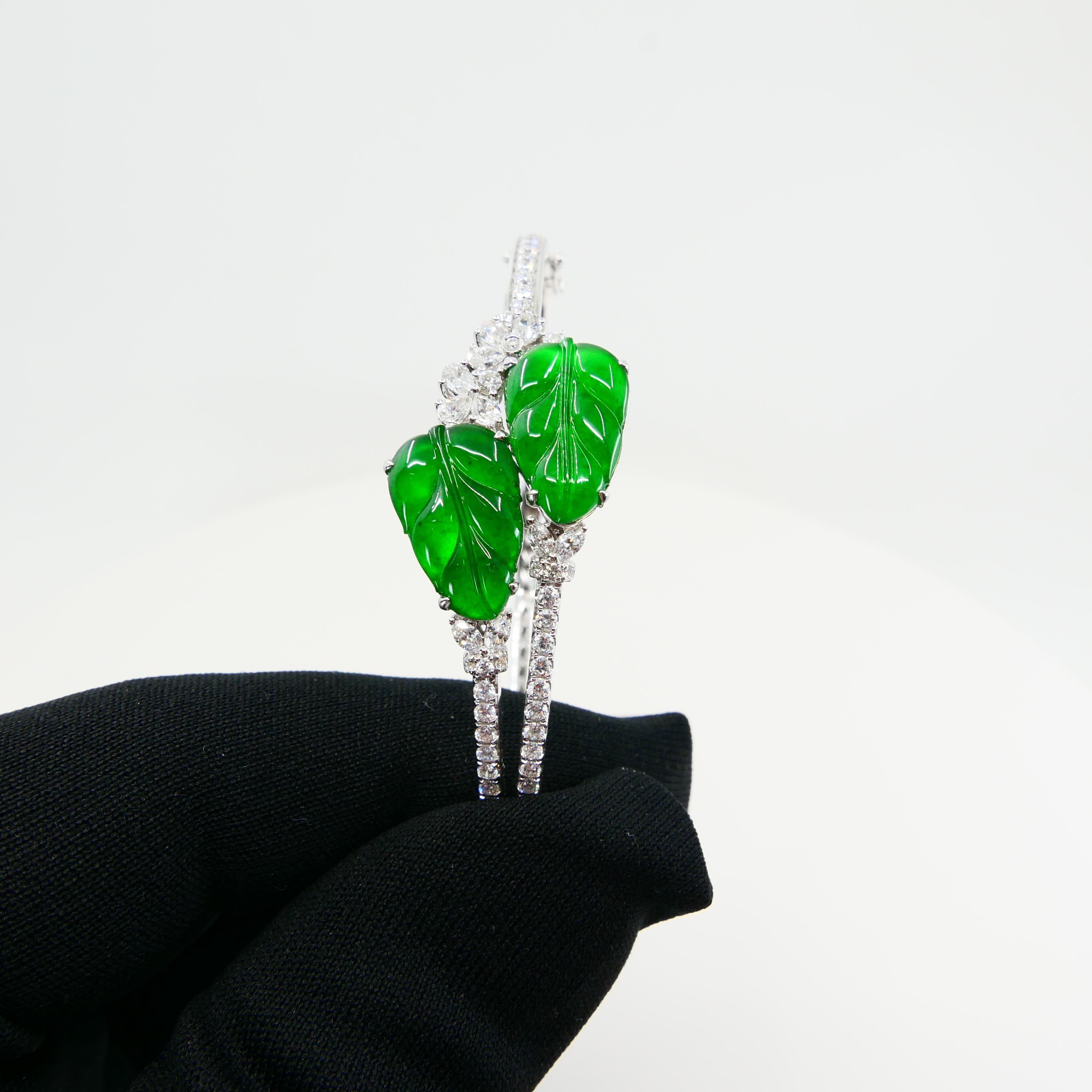 Certified Icy Apple Green Jade & Diamond Bangle Bracelet, Almost Imperial Green 5