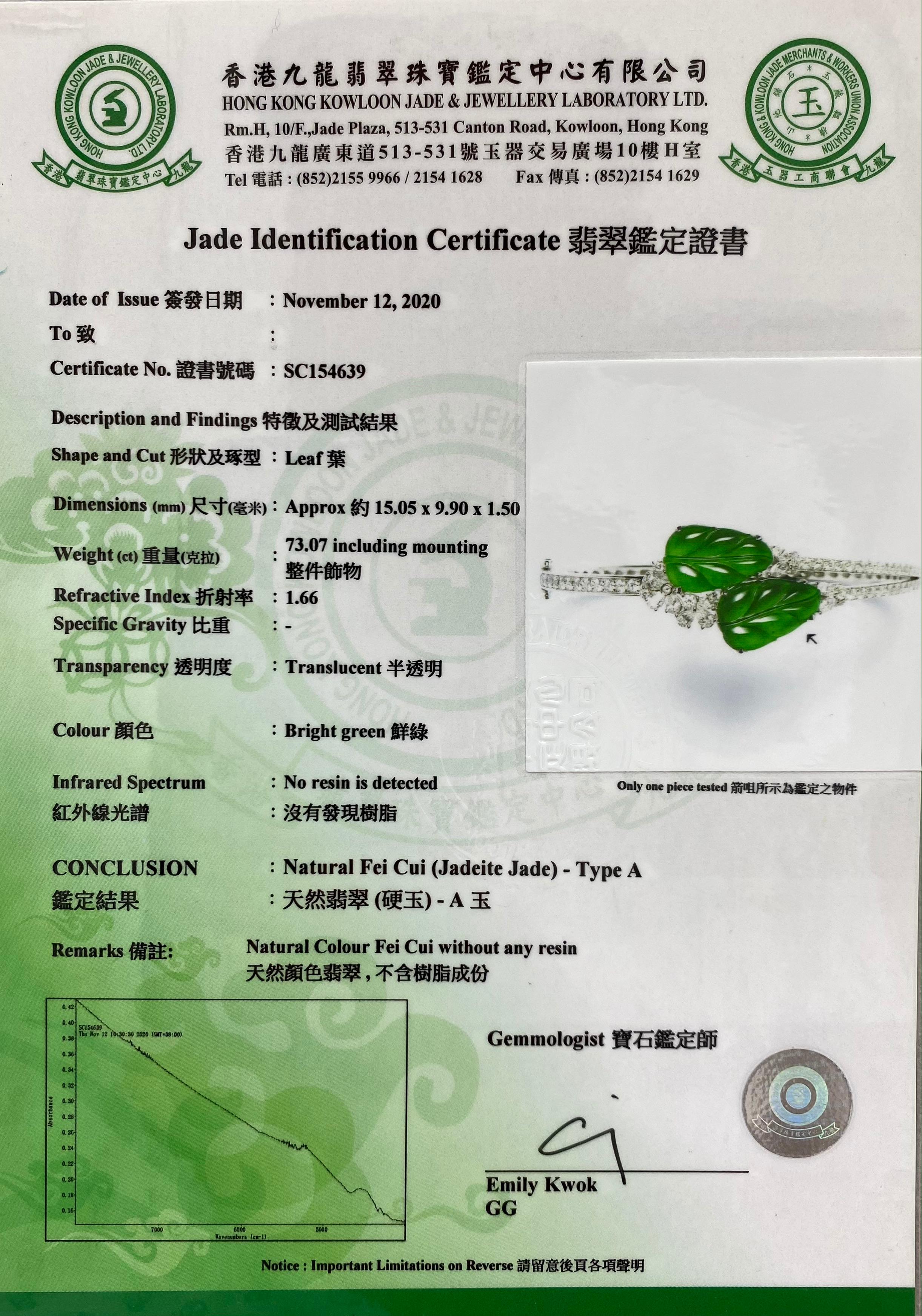 Certified Icy Apple Green Jade & Diamond Bangle Bracelet, Almost Imperial Green 6