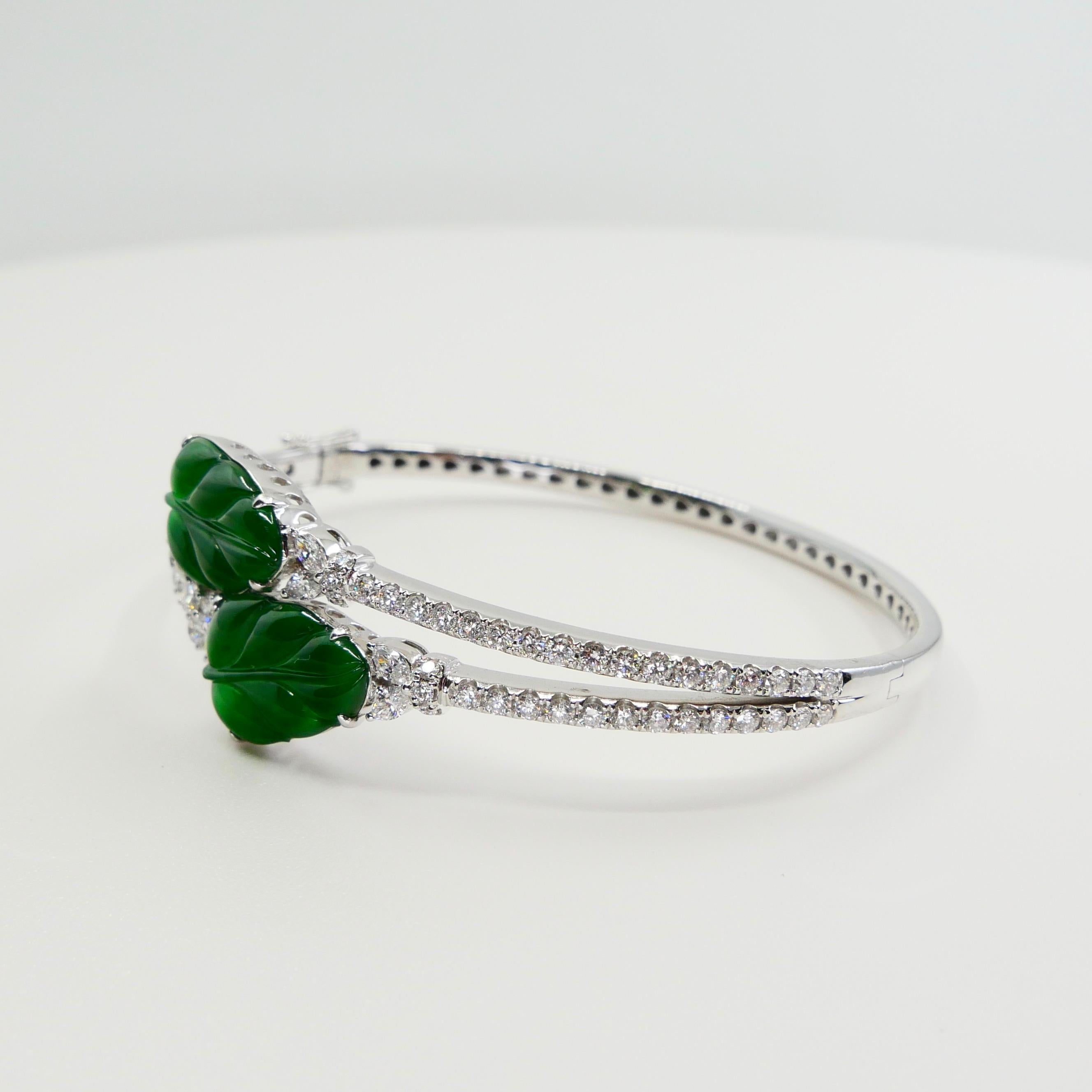 Rough Cut Certified Icy Apple Green Jade & Diamond Bangle Bracelet, Almost Imperial Green