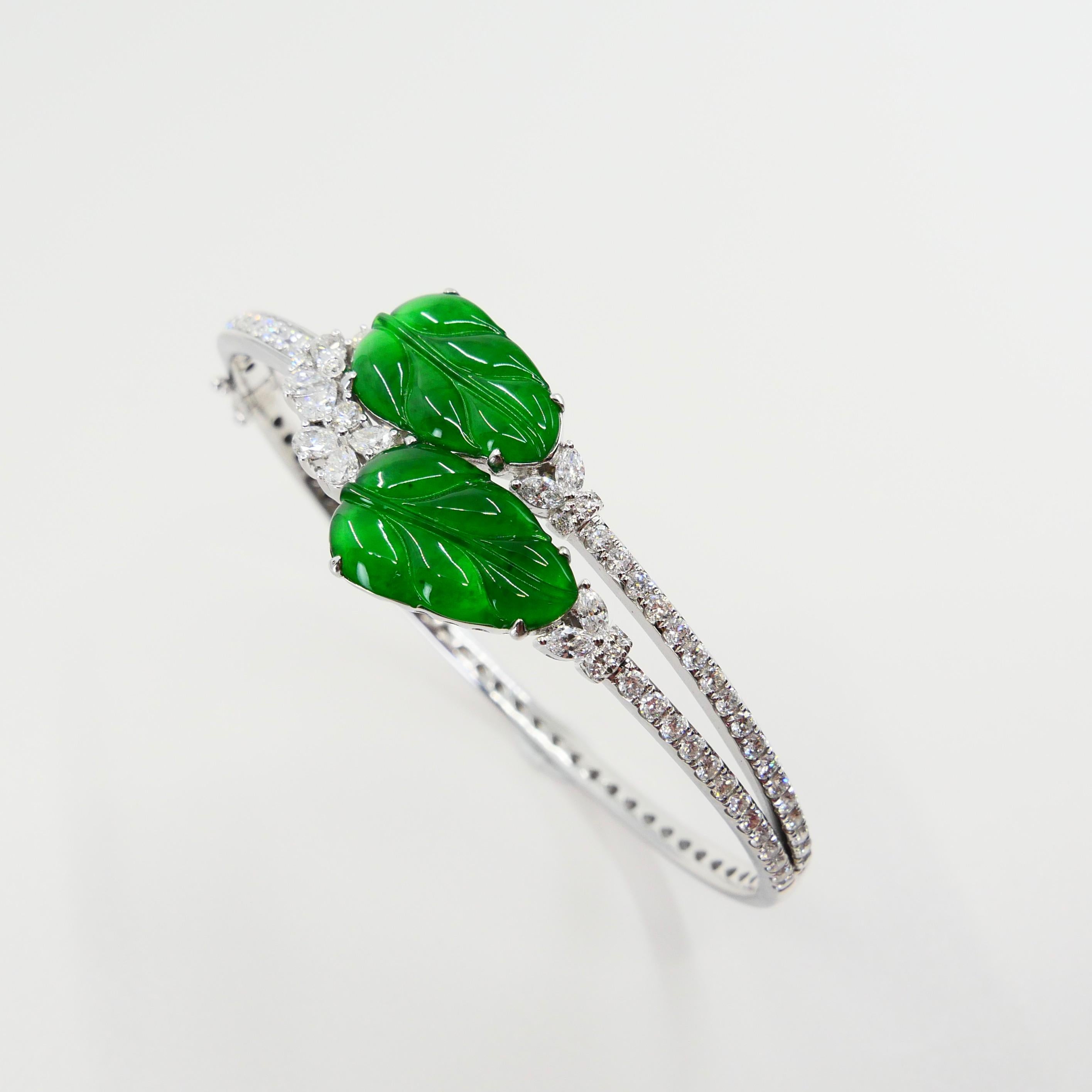 Certified Icy Apple Green Jade & Diamond Bangle Bracelet, Almost Imperial Green In New Condition In Hong Kong, HK