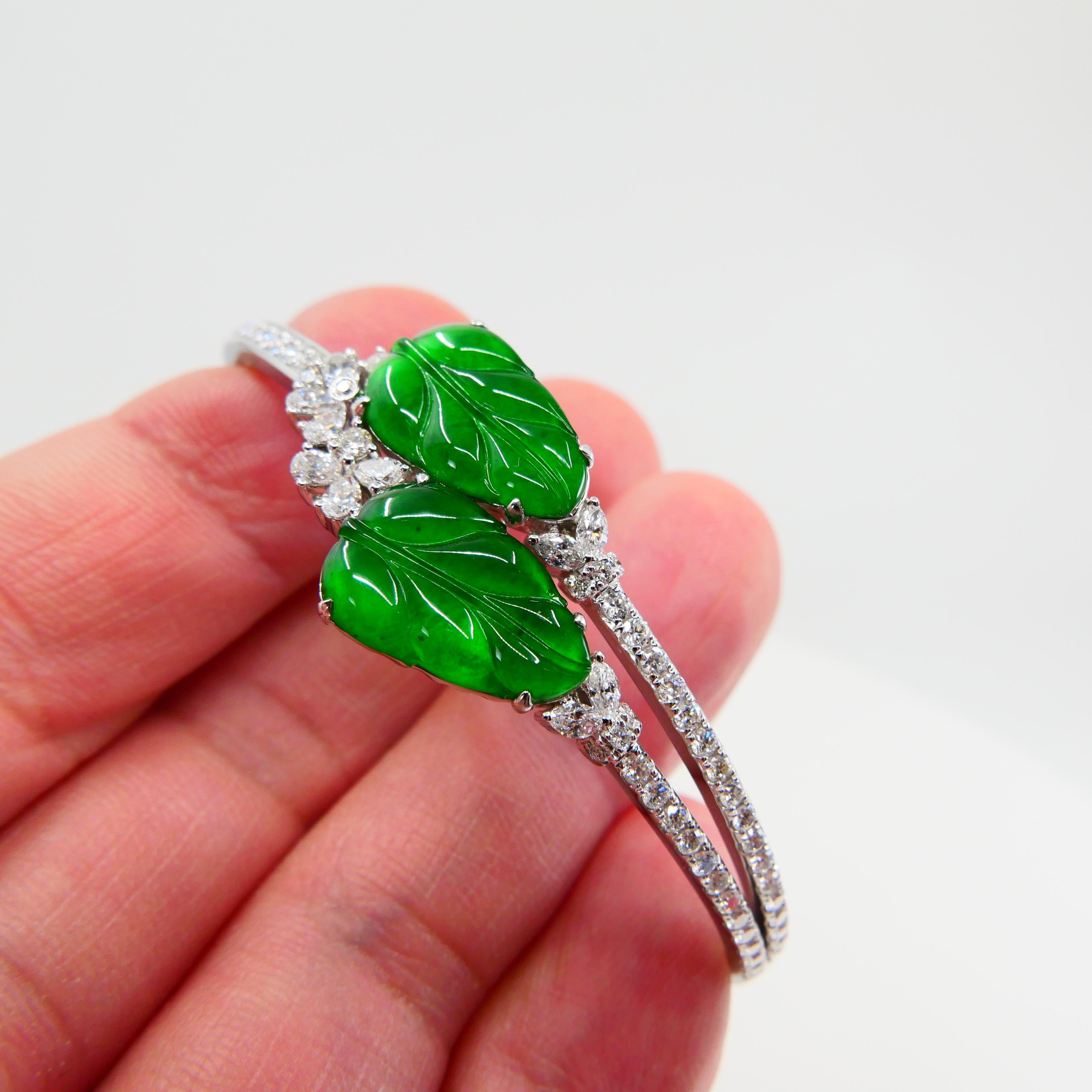 Certified Icy Apple Green Jade & Diamond Bangle Bracelet, Almost Imperial Green 1