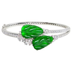 Certified Icy Apple Green Jade & Diamond Bangle Bracelet, Almost Imperial Green