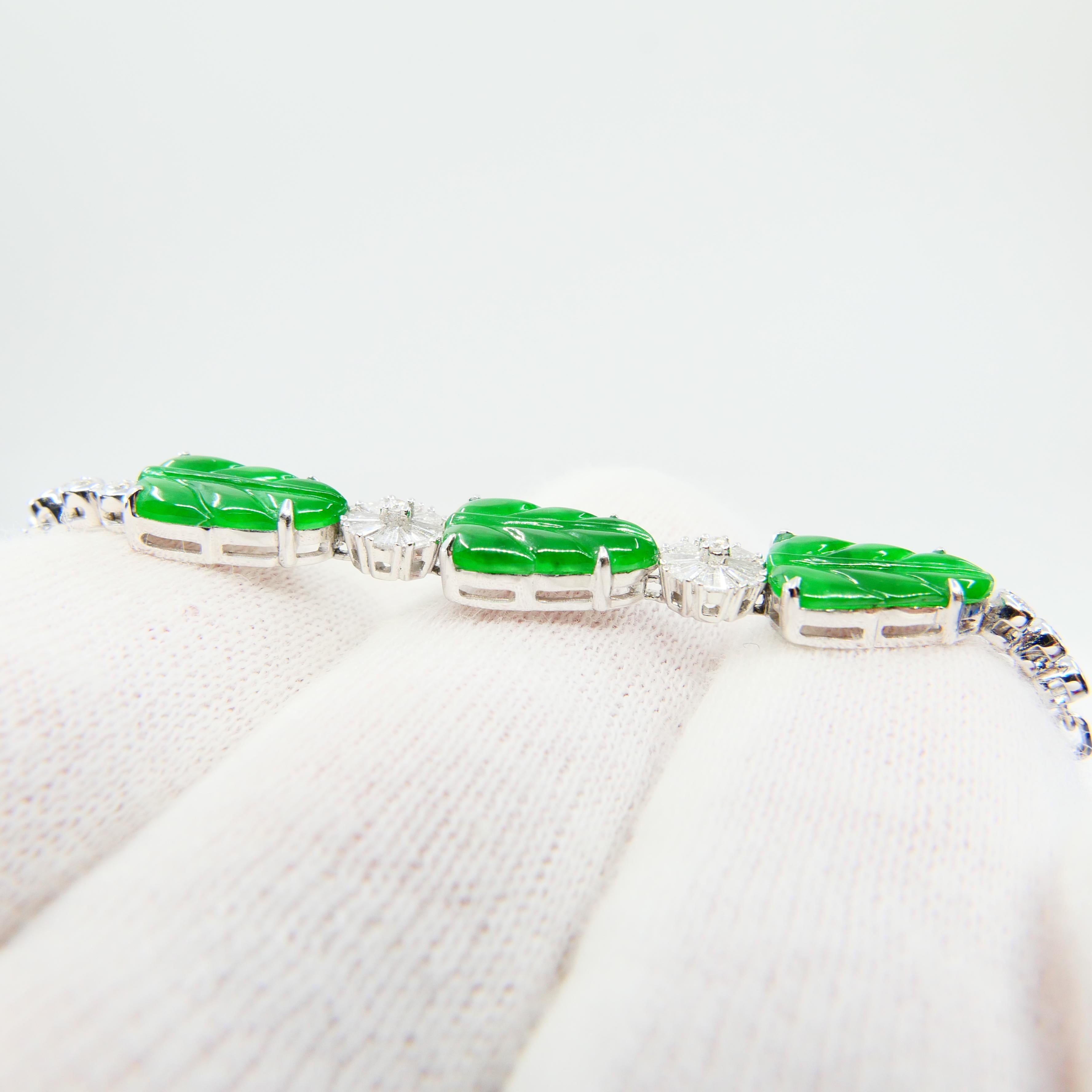 Certified Icy Apple Green Jade and Diamond Bracelet, Borderline Imperial Green For Sale 4