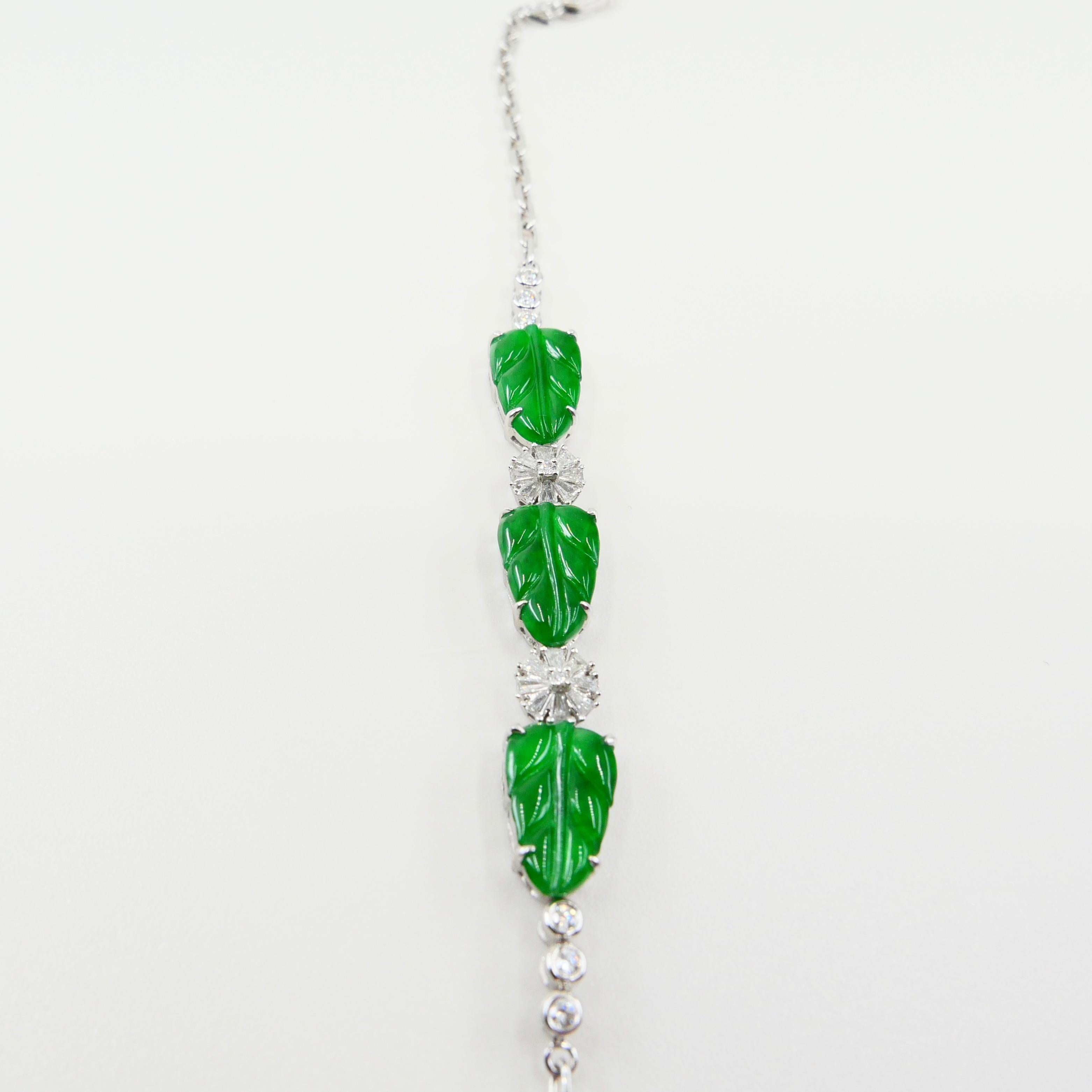 Women's Certified Icy Apple Green Jade and Diamond Bracelet, Borderline Imperial Green For Sale