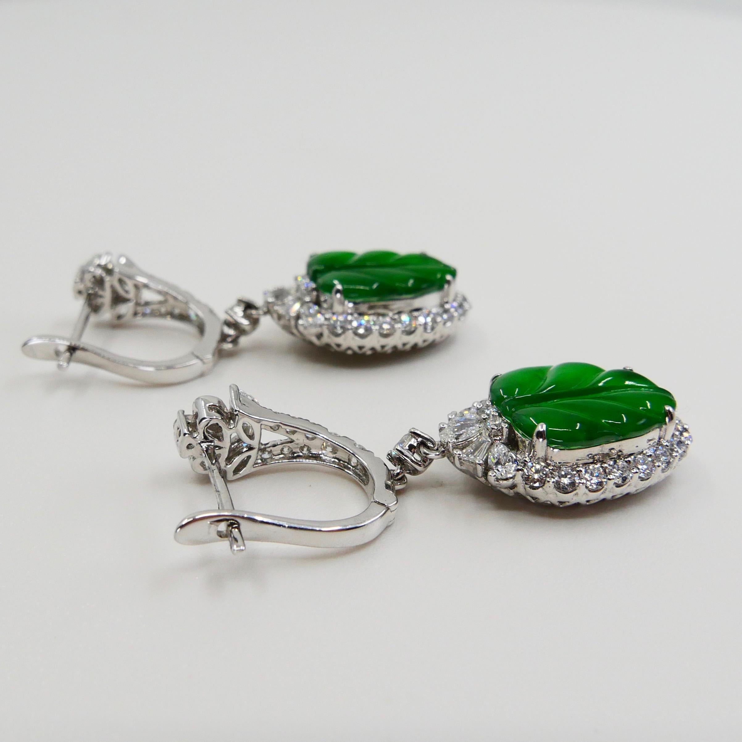 Certified Icy Apple Green Jade and Diamond Earrings, Almost Imperial Green 5