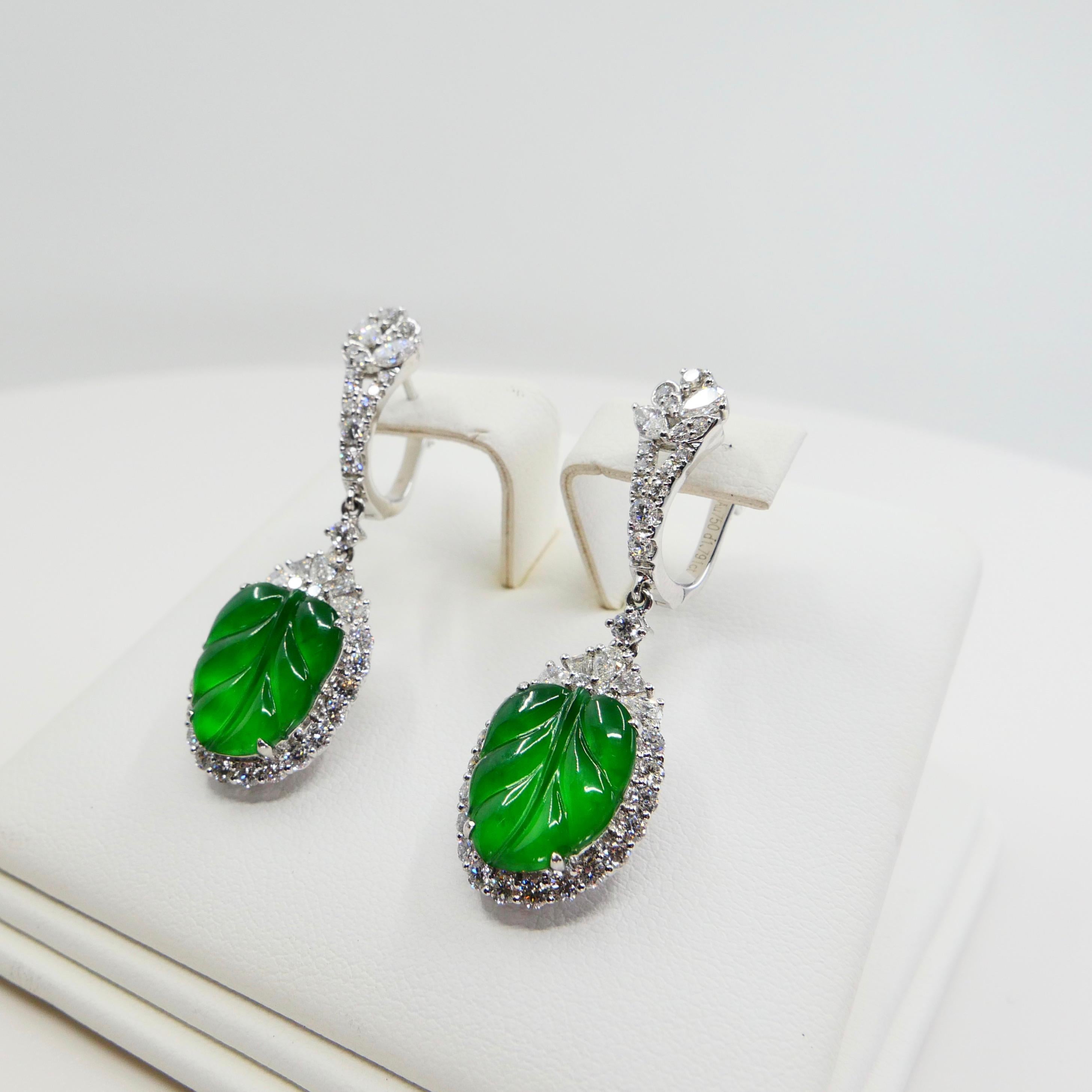 Certified Icy Apple Green Jade and Diamond Earrings, Almost Imperial Green 6