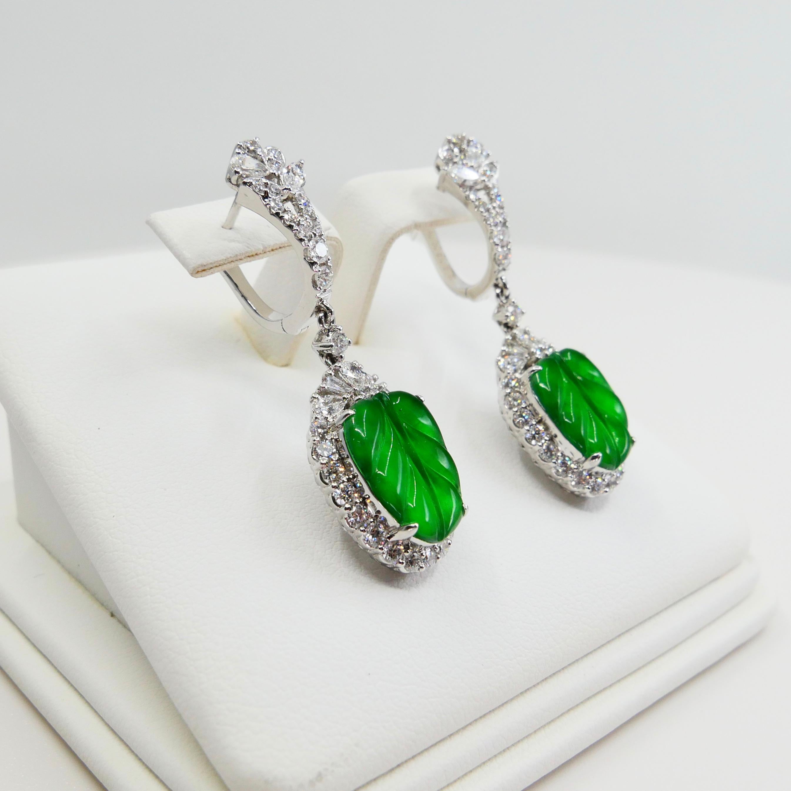Certified Icy Apple Green Jade and Diamond Earrings, Almost Imperial Green 7