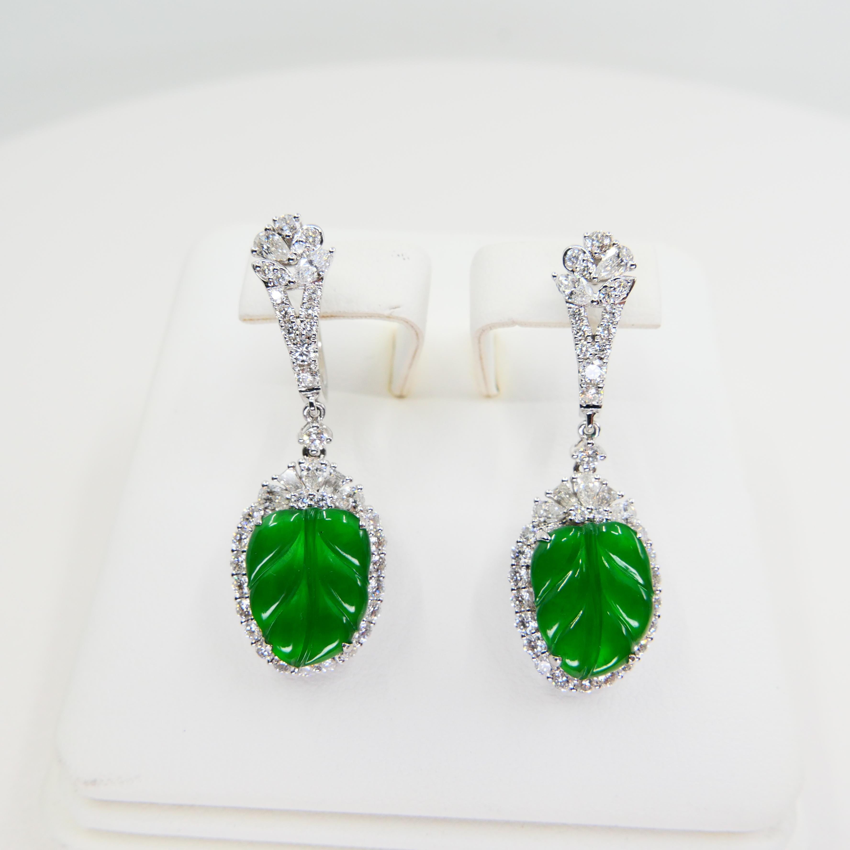Certified Icy Apple Green Jade and Diamond Earrings, Almost Imperial Green 8