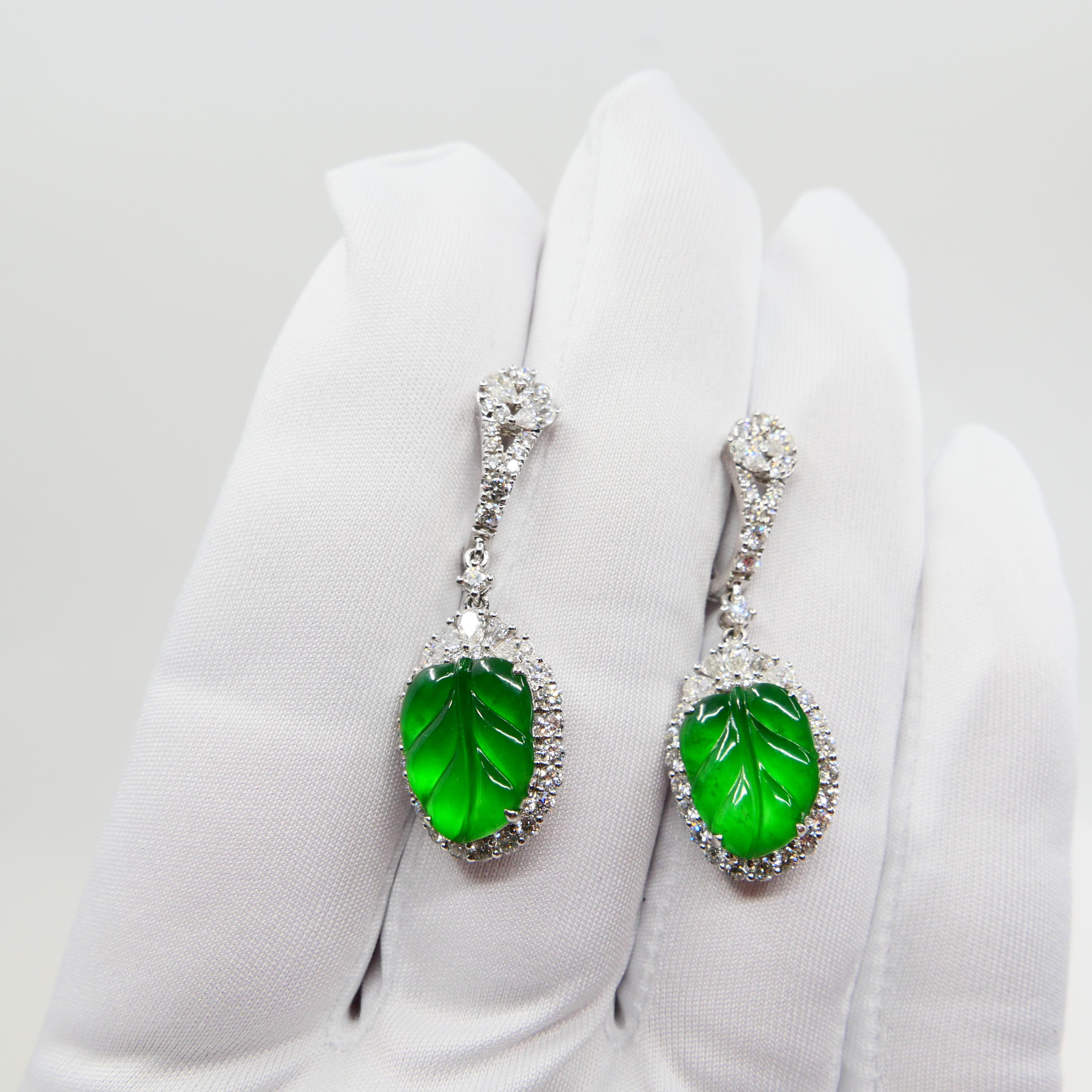 Certified Icy Apple Green Jade and Diamond Earrings, Almost Imperial Green 9