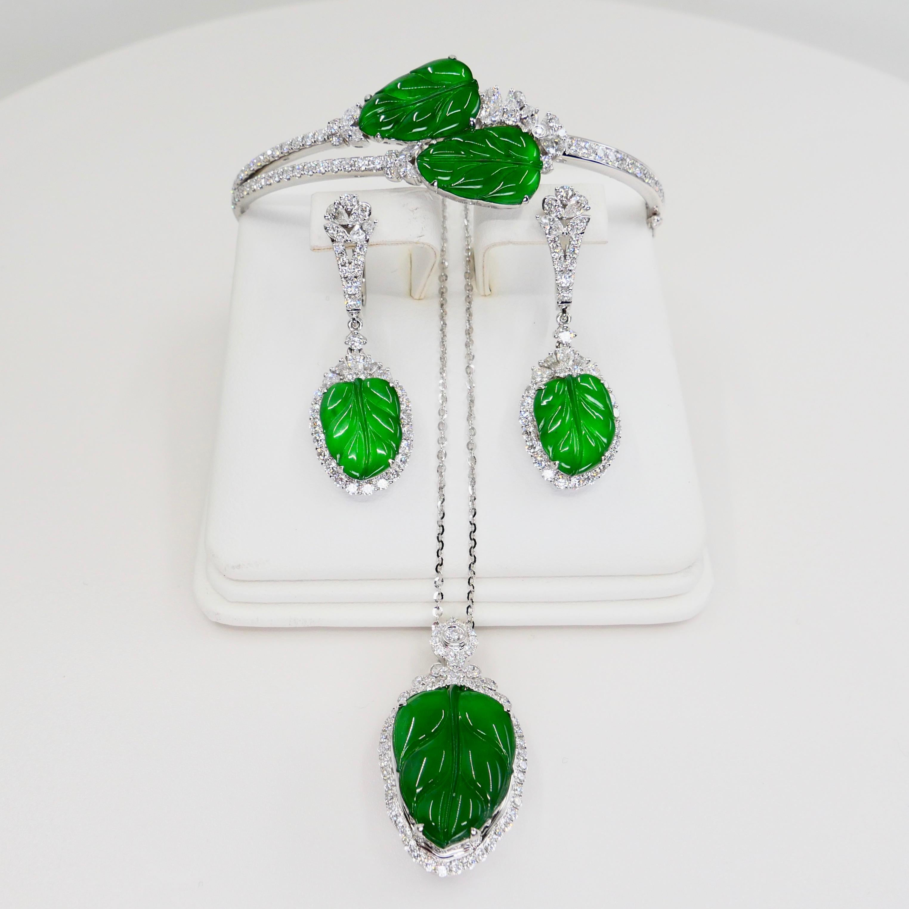 Certified Icy Apple Green Jade and Diamond Earrings, Almost Imperial Green 12