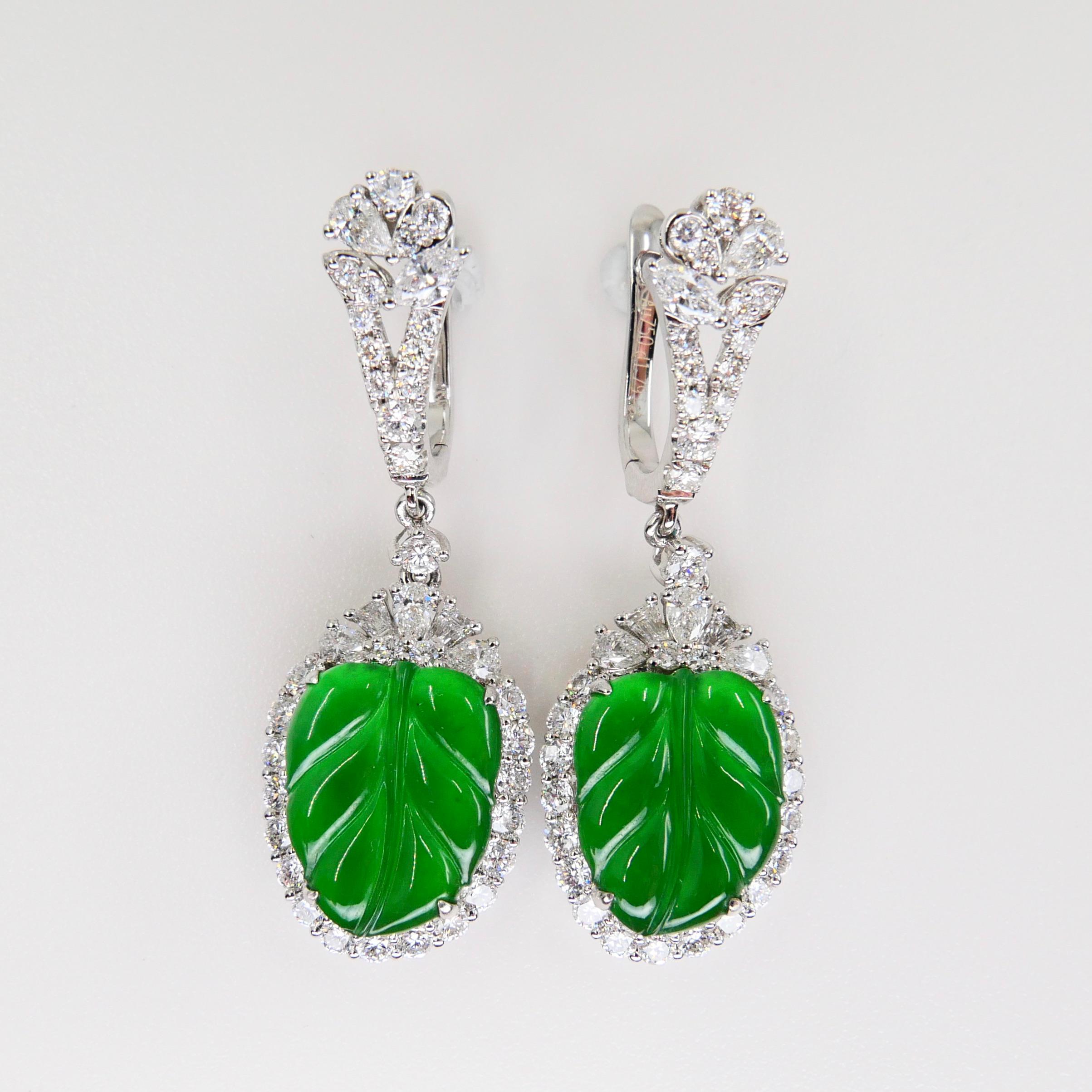 Rough Cut Certified Icy Apple Green Jade and Diamond Earrings, Almost Imperial Green