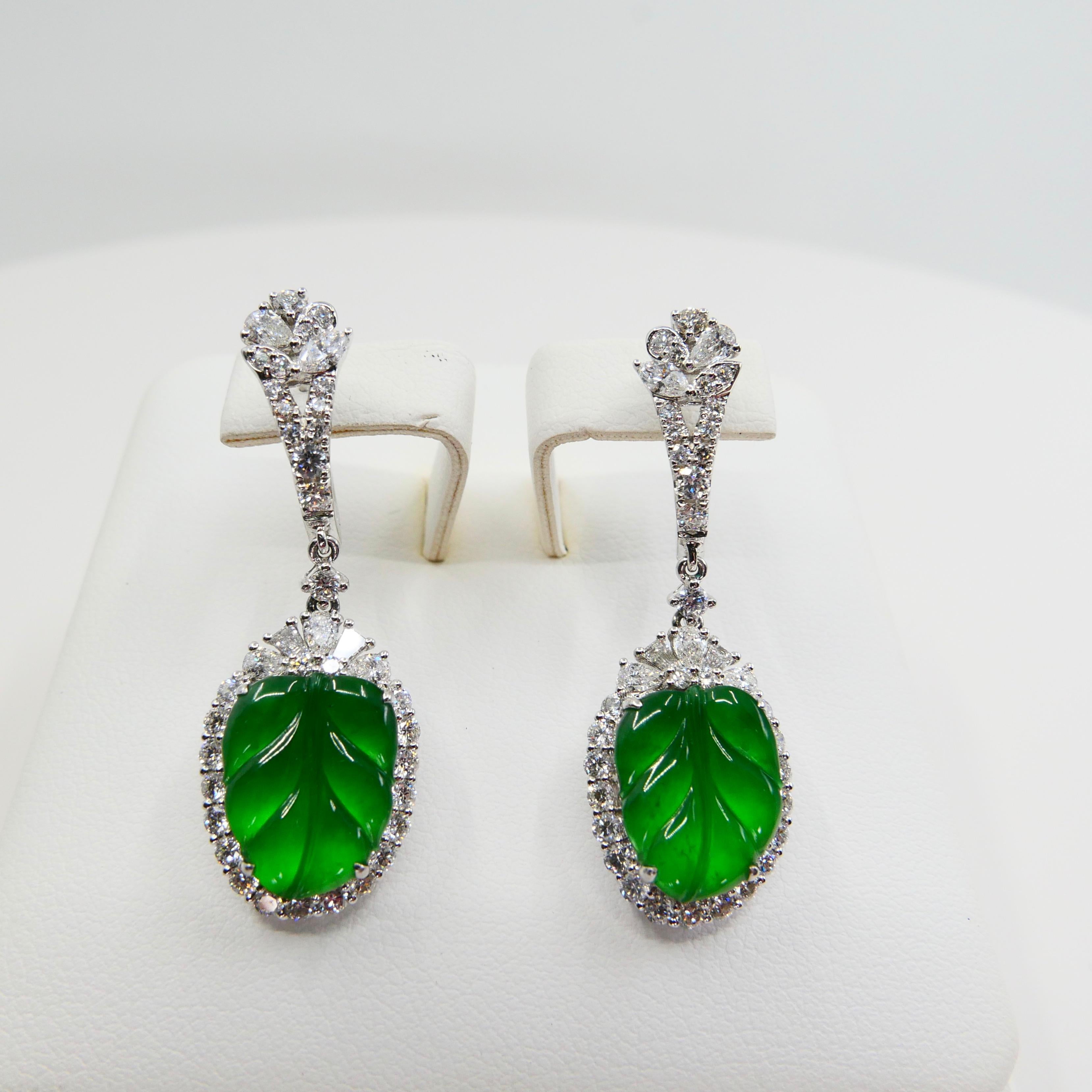Certified Icy Apple Green Jade and Diamond Earrings, Almost Imperial Green In New Condition In Hong Kong, HK