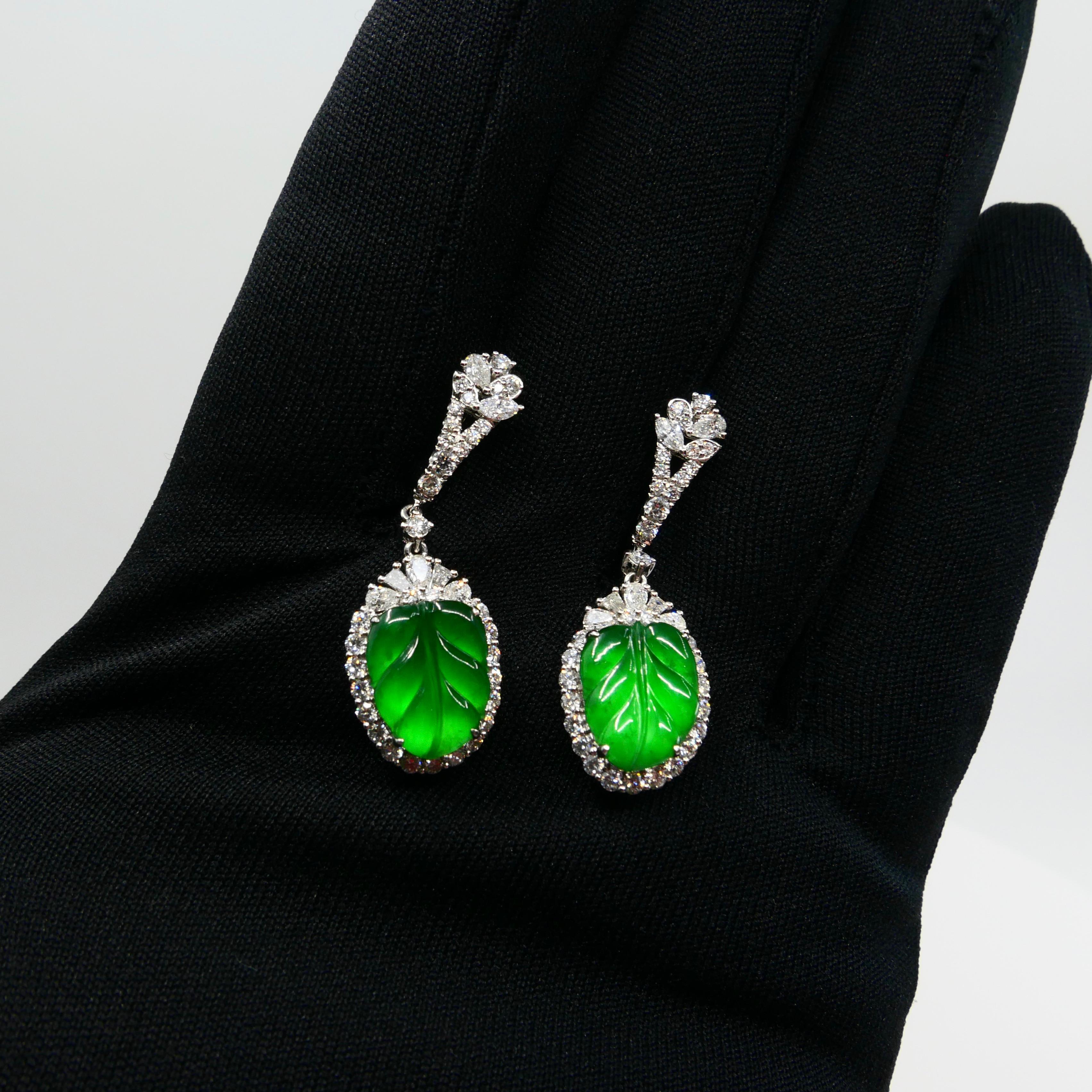 Women's Certified Icy Apple Green Jade and Diamond Earrings, Almost Imperial Green