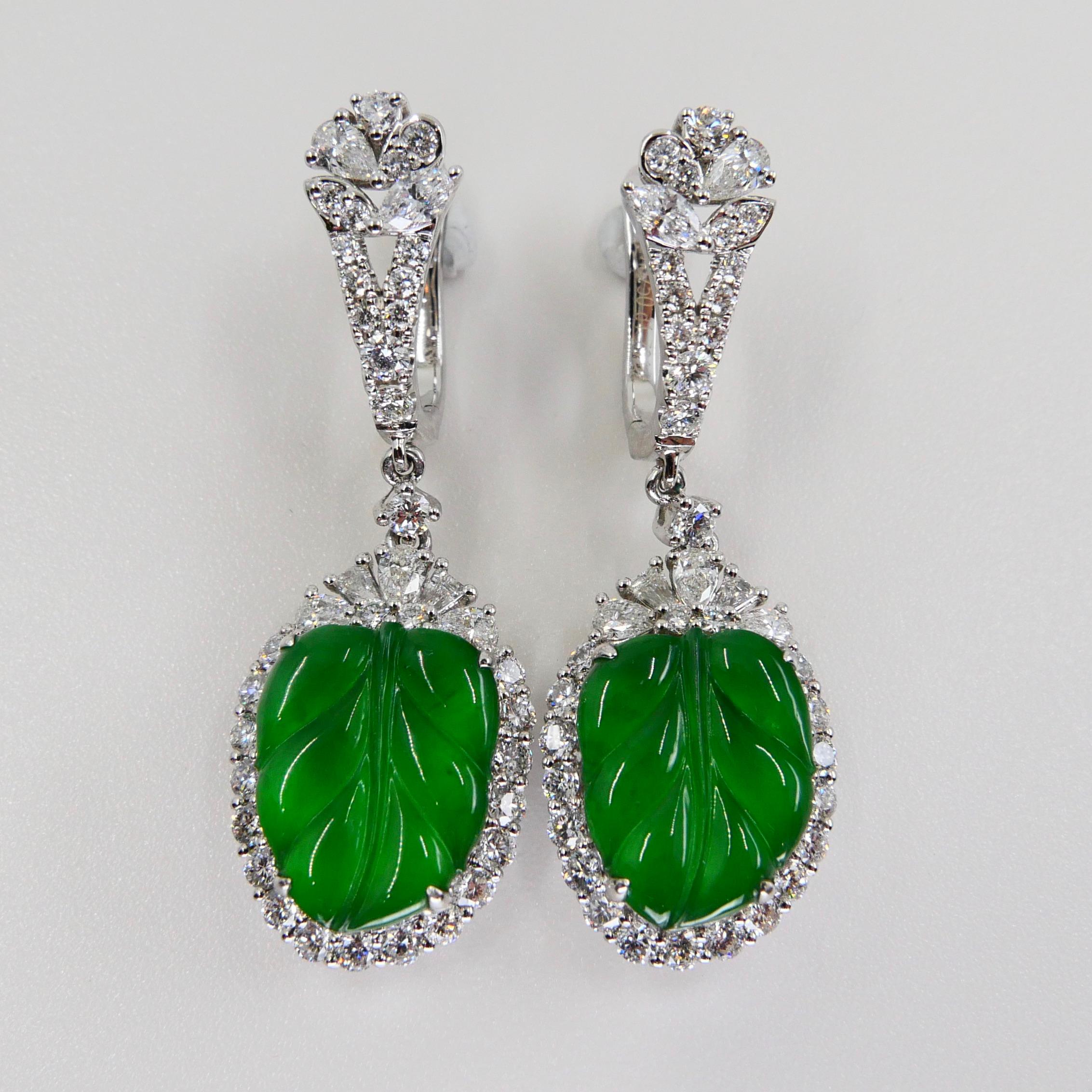 Certified Icy Apple Green Jade and Diamond Earrings, Almost Imperial Green 1