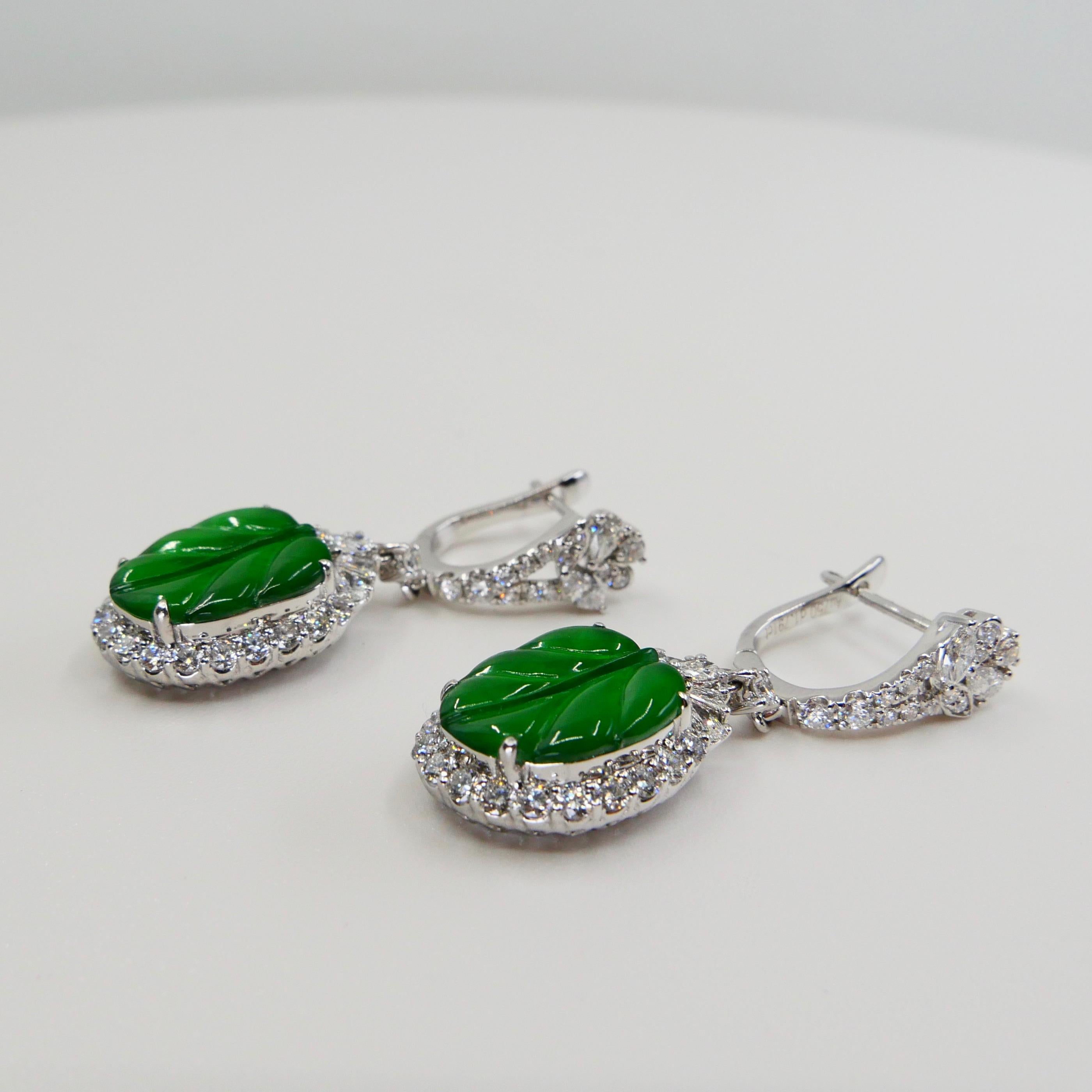 Certified Icy Apple Green Jade and Diamond Earrings, Almost Imperial Green 3
