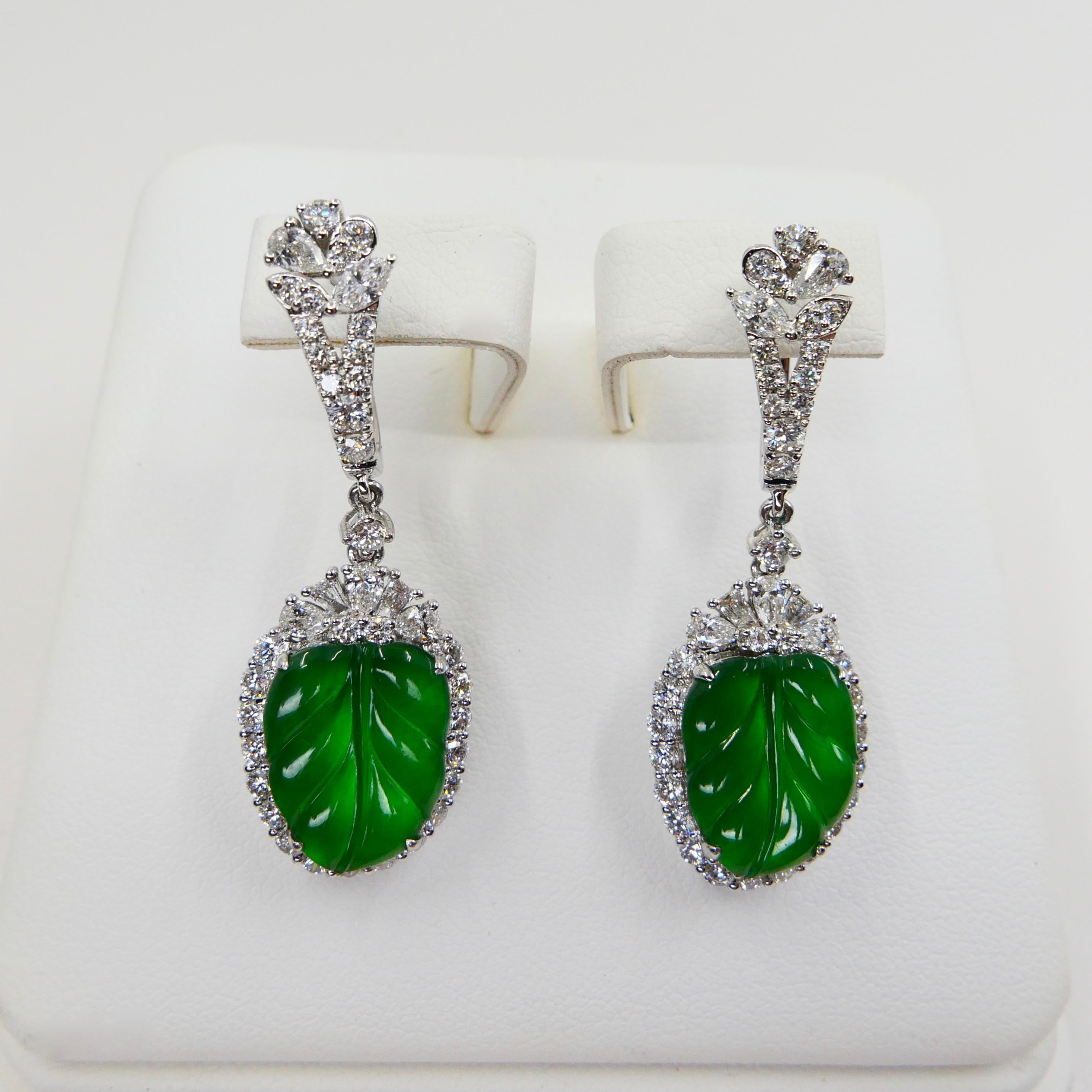 Certified Icy Apple Green Jade and Diamond Earrings, Almost Imperial Green 4