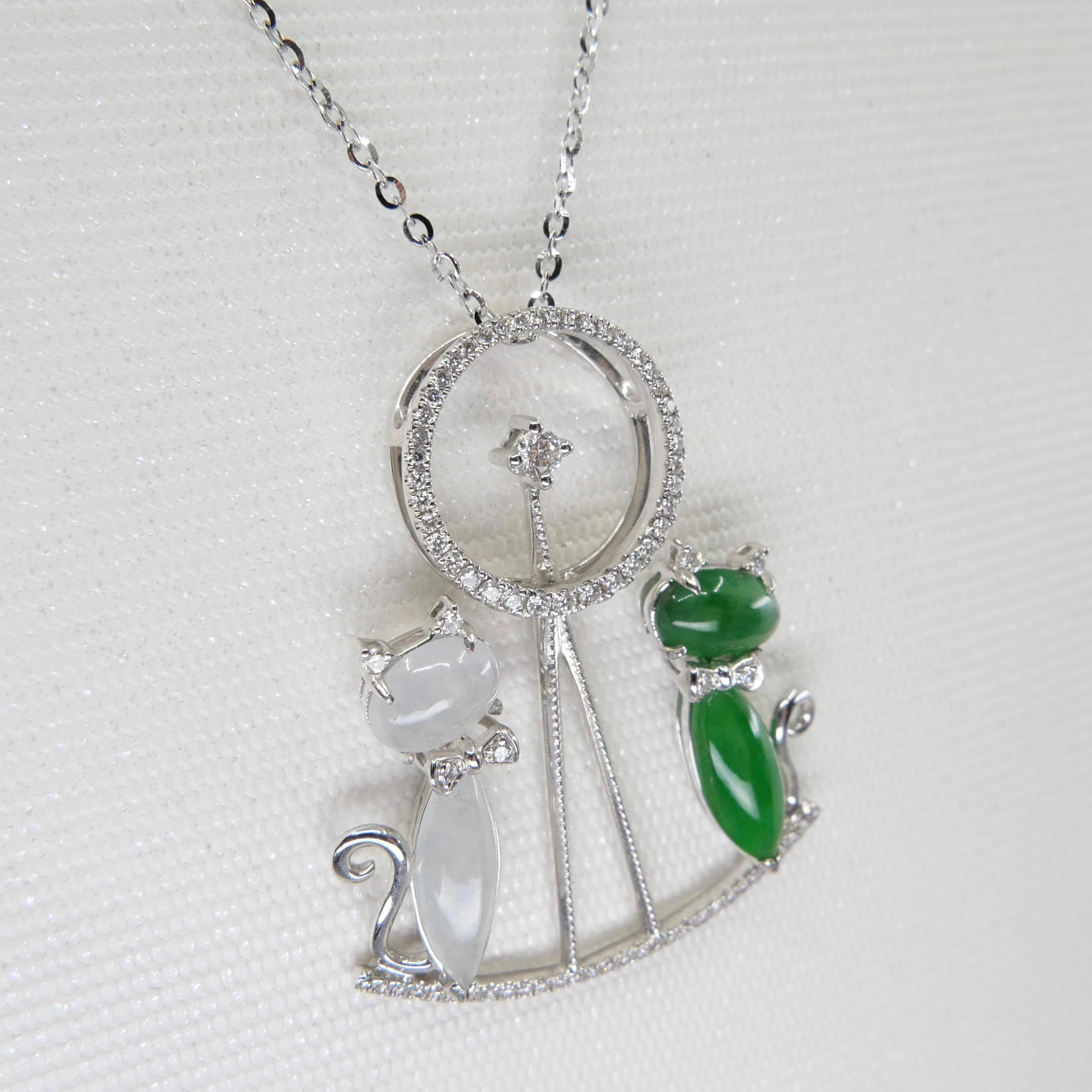 Certified Icy & Apple Green Jade & Diamond Pendant Necklace, Cats on a Seesaw For Sale 6