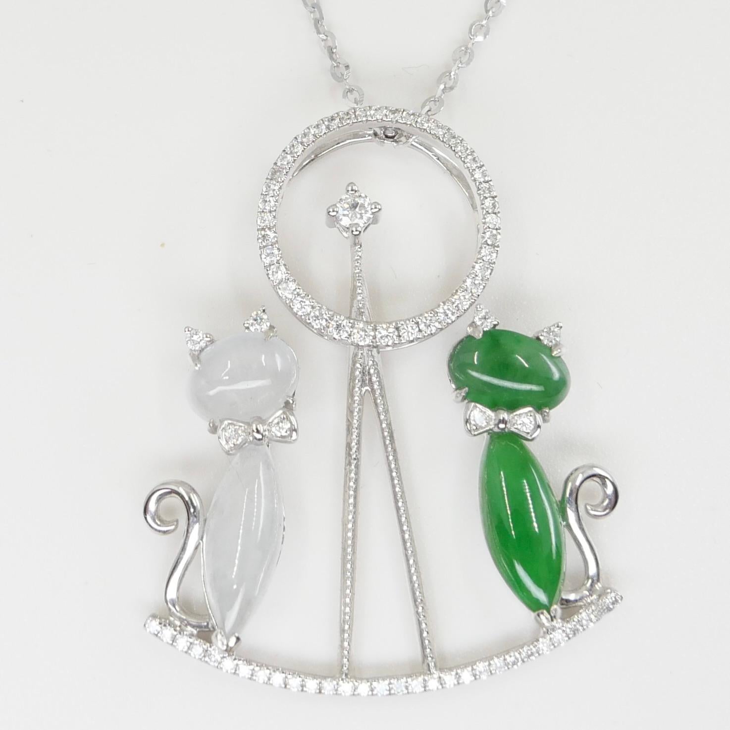 Certified Icy & Apple Green Jade & Diamond Pendant Necklace, Cats on a Seesaw For Sale 7