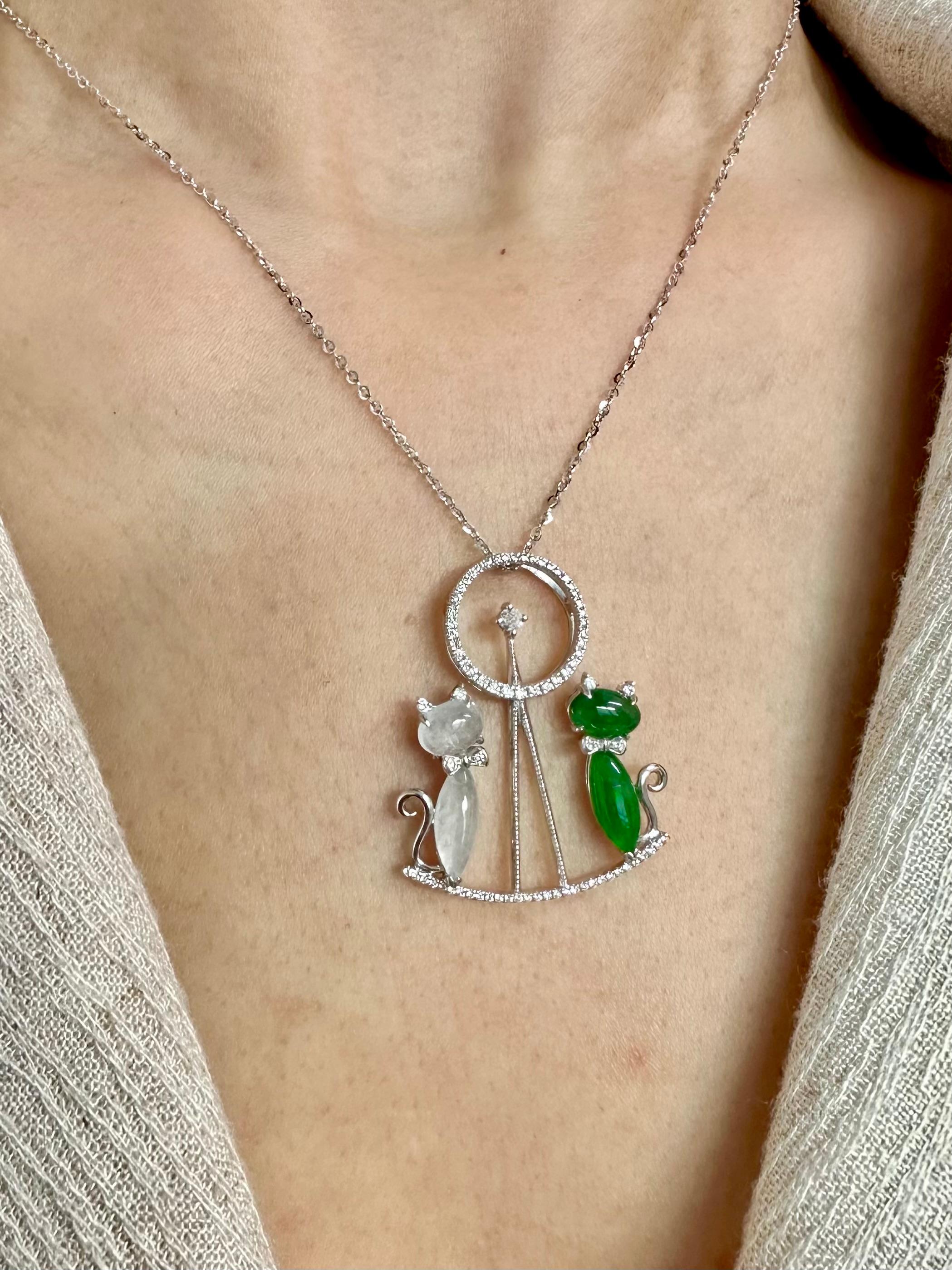 Please check out the HD video. The jades are certified natural. These jades have a beautiful balance of color saturation and transparency! There are 2 icy jades and 2 apple green jades that make up the 2 cats on a seesaw. The pendant is set in 18k