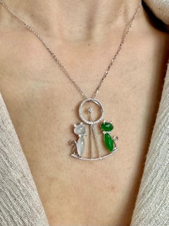Certified Icy & Apple Green Jade & Diamond Pendant Necklace, Cats on a Seesaw
