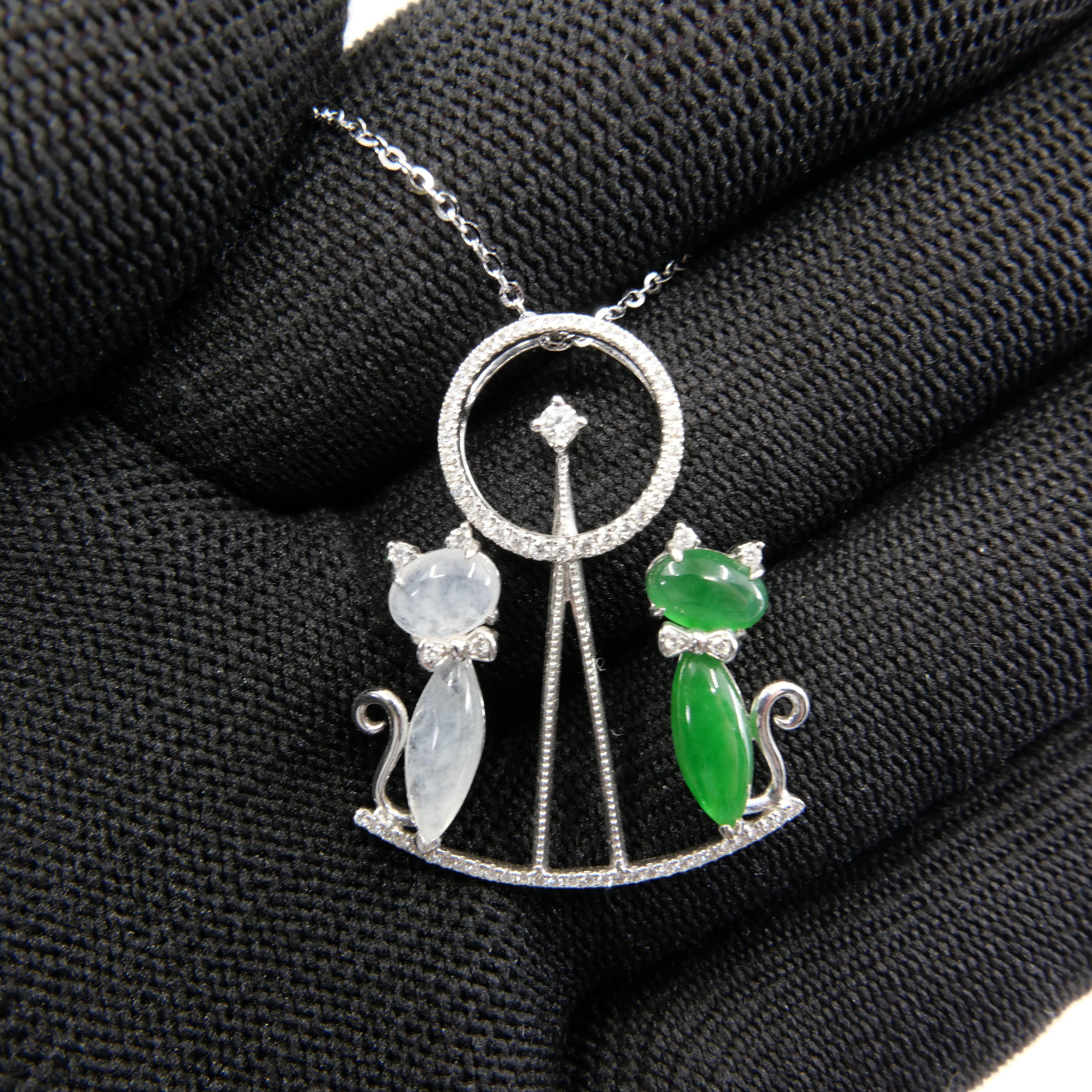 Rough Cut Certified Icy & Apple Green Jade & Diamond Pendant Necklace, Cats on a Seesaw For Sale