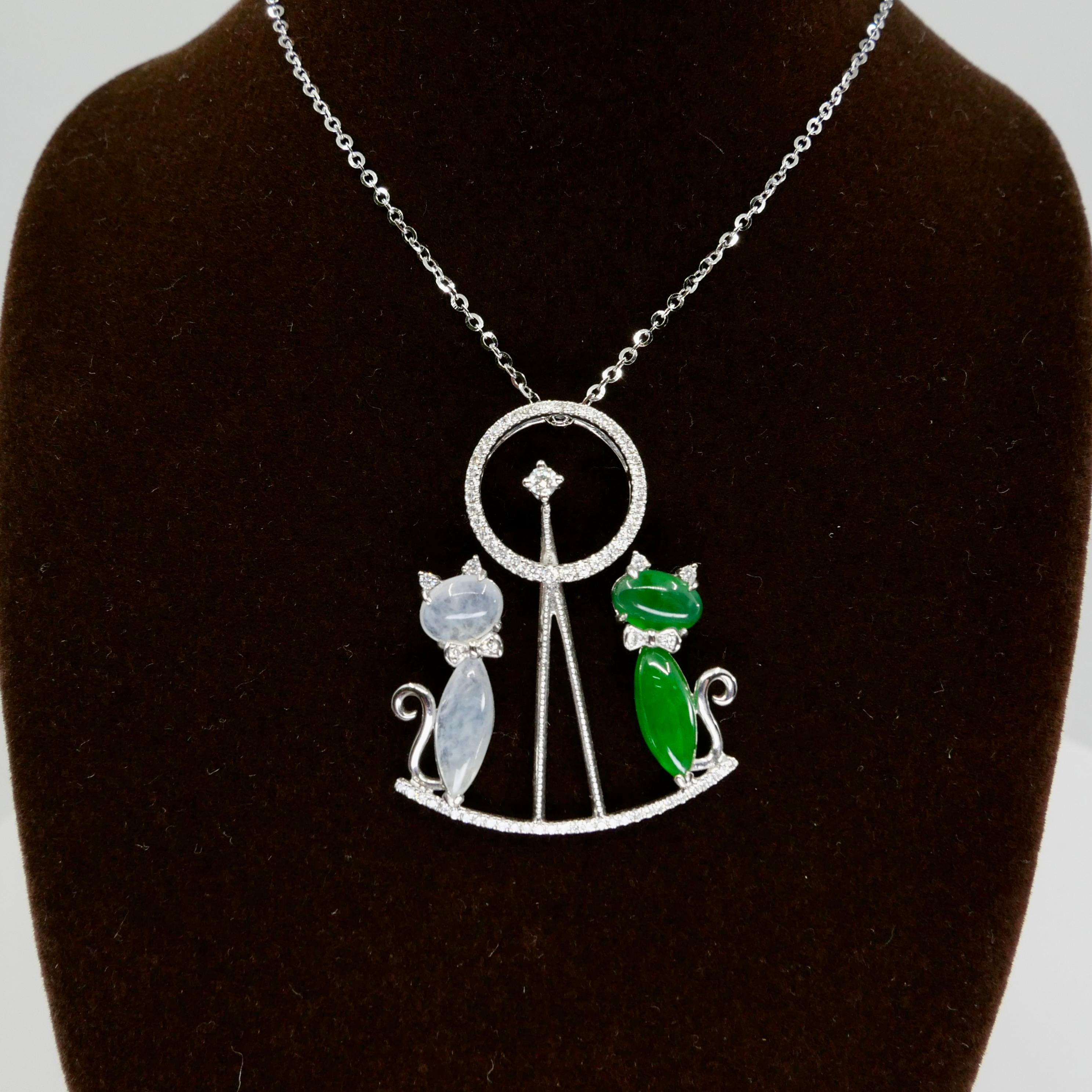 Certified Icy & Apple Green Jade & Diamond Pendant Necklace, Cats on a Seesaw For Sale 2