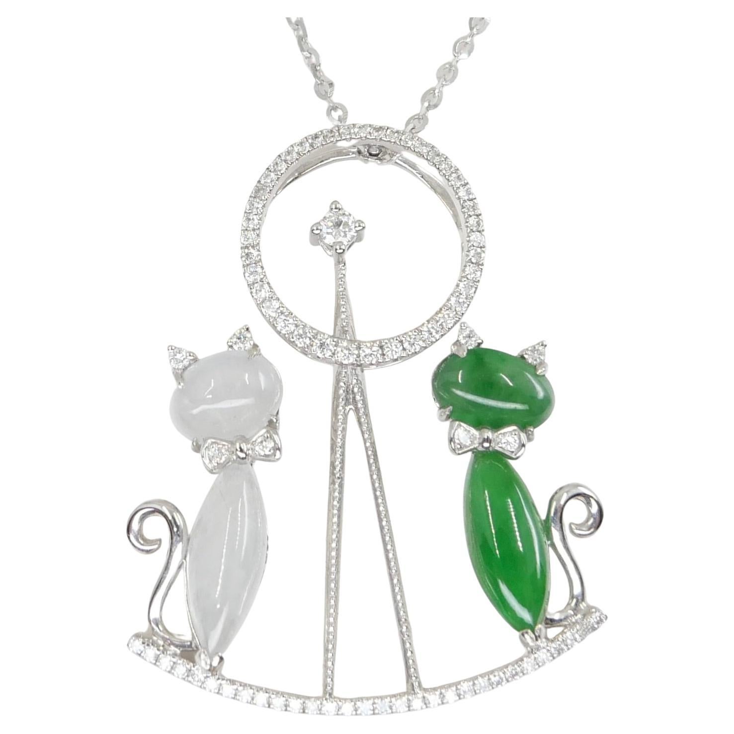 Certified Icy & Apple Green Jade & Diamond Pendant Necklace, Cats on a Seesaw For Sale