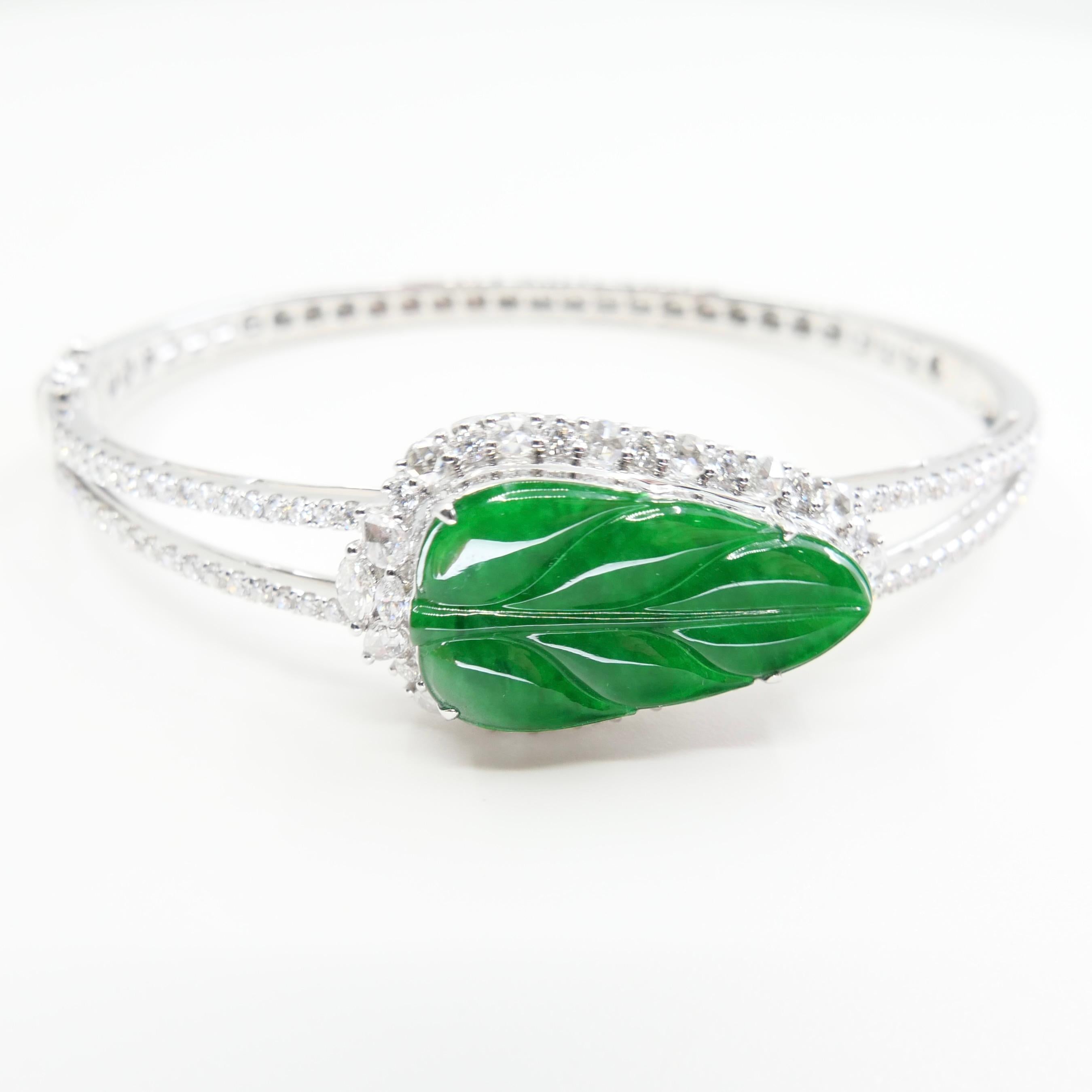 Certified Icy Apple Green Jade & Rose Cut Diamond Bangle Bracelet, Lucky Jade 3