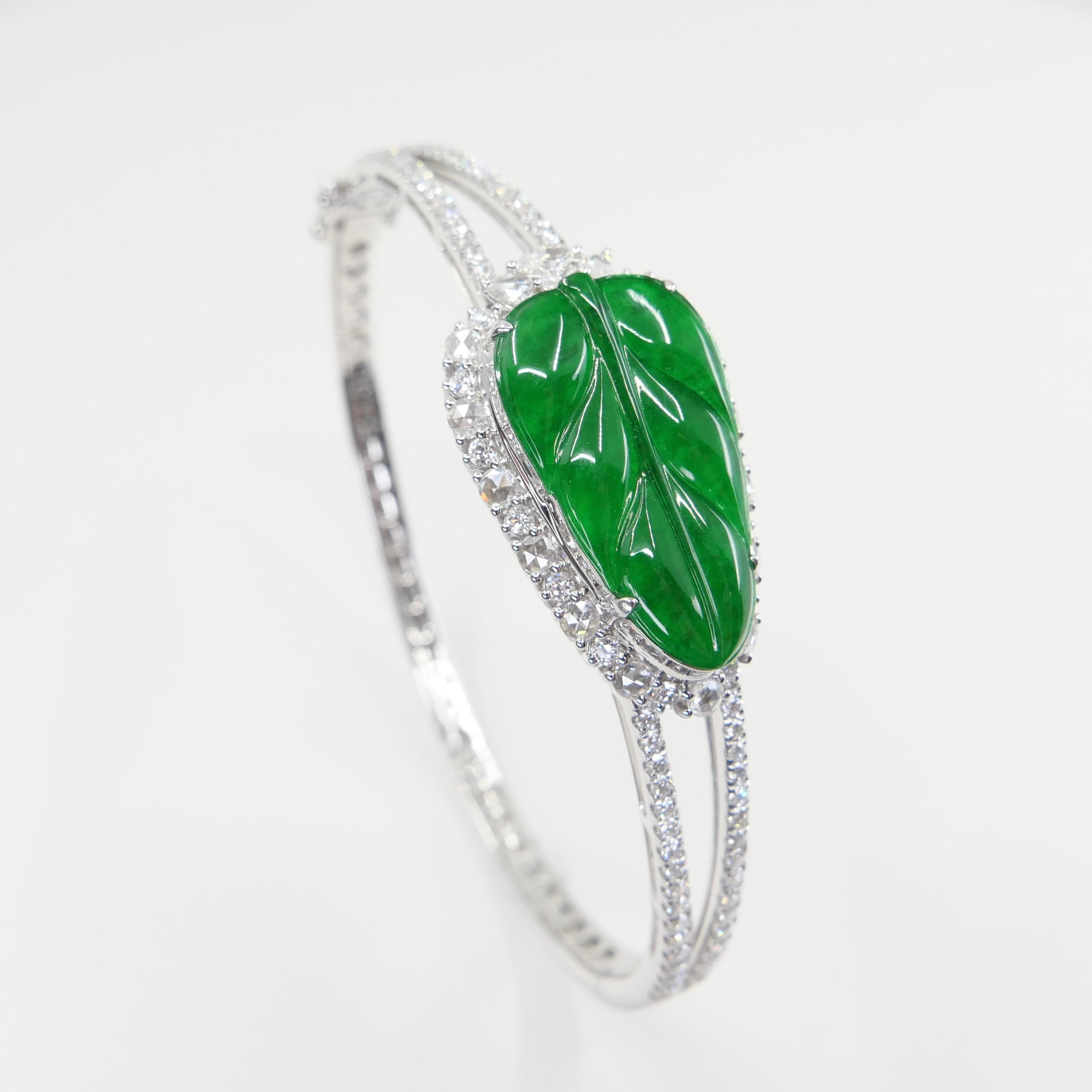 Certified Icy Apple Green Jade & Rose Cut Diamond Bangle Bracelet, Lucky Jade 6