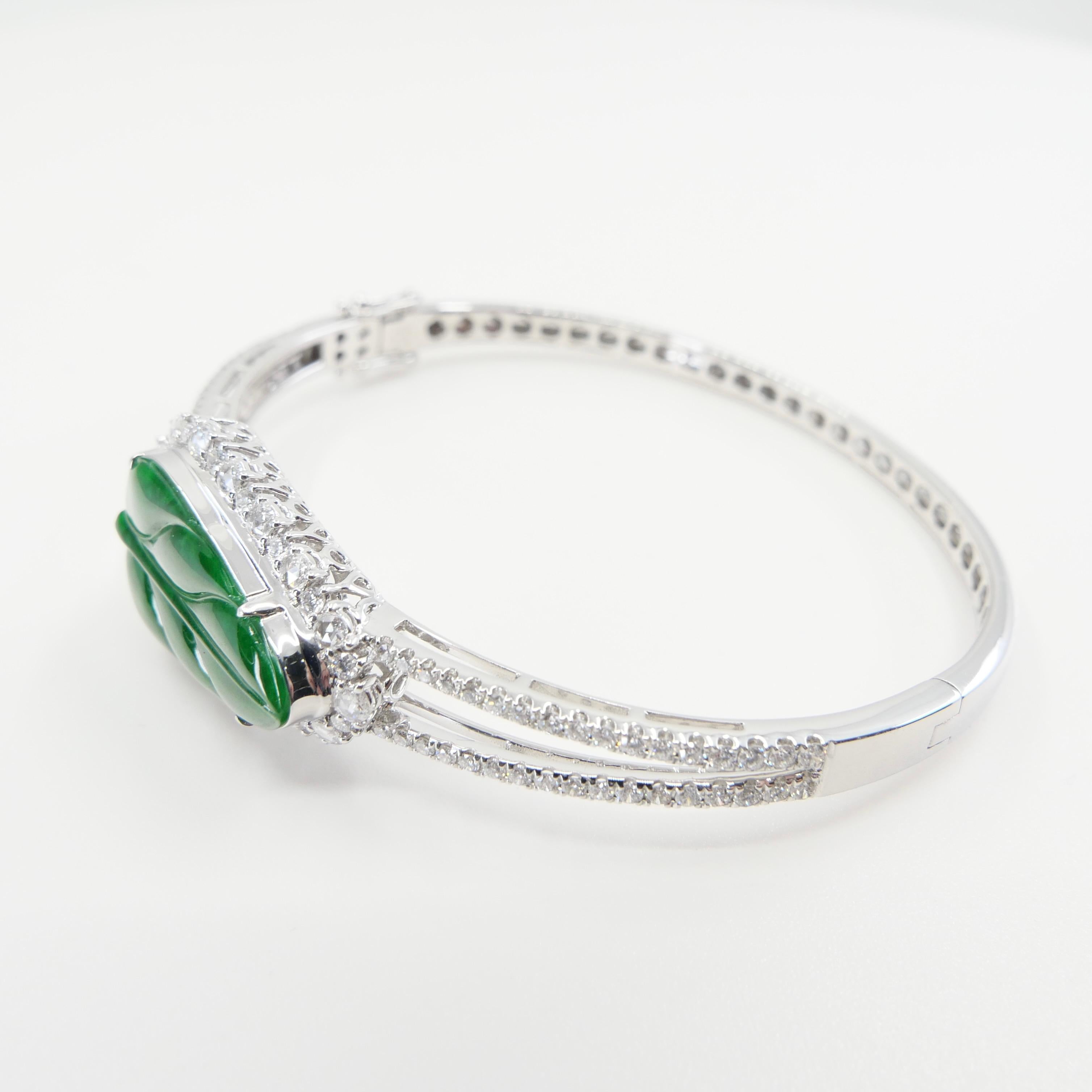 Certified Icy Apple Green Jade & Rose Cut Diamond Bangle Bracelet, Lucky Jade 8