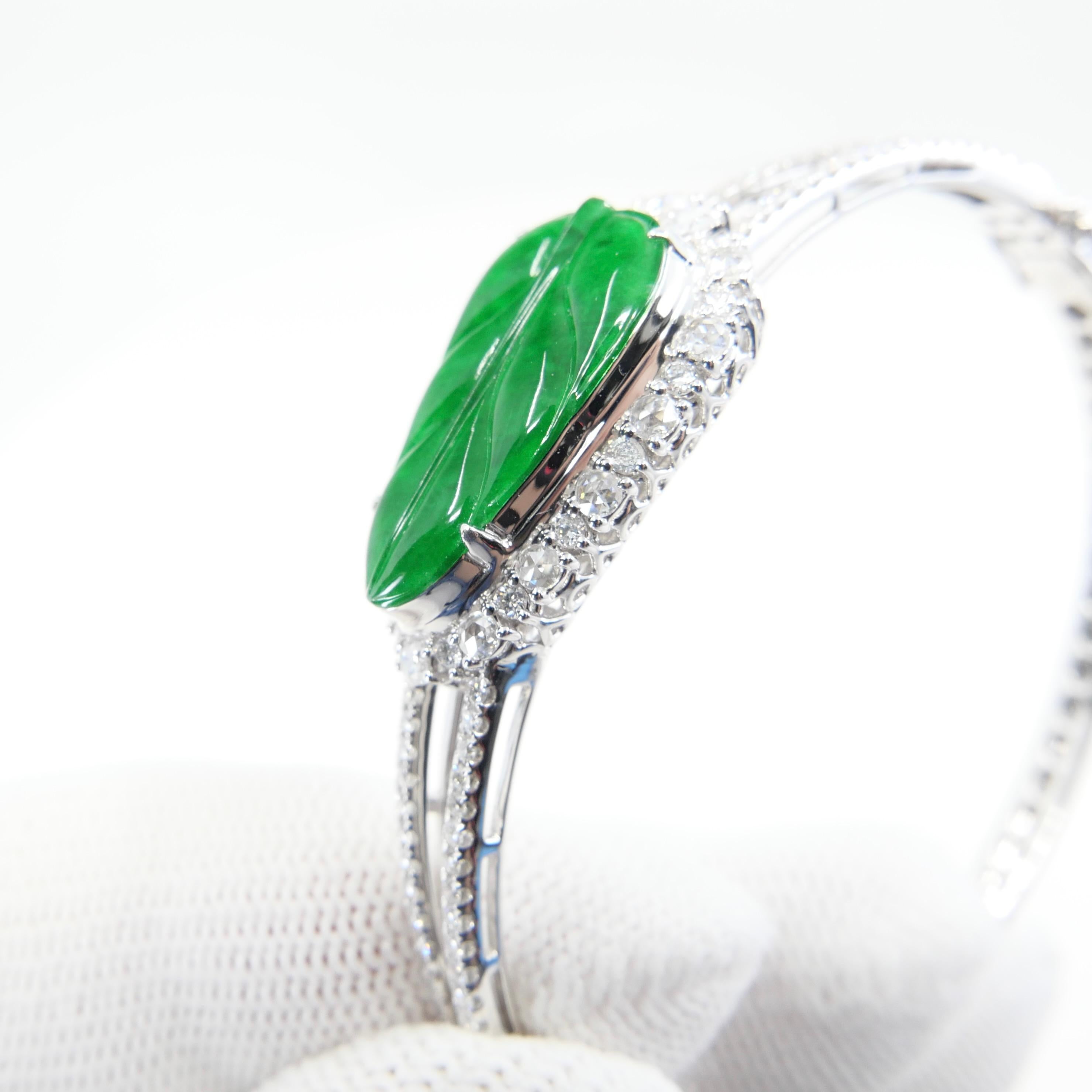Certified Icy Apple Green Jade & Rose Cut Diamond Bangle Bracelet, Lucky Jade 11