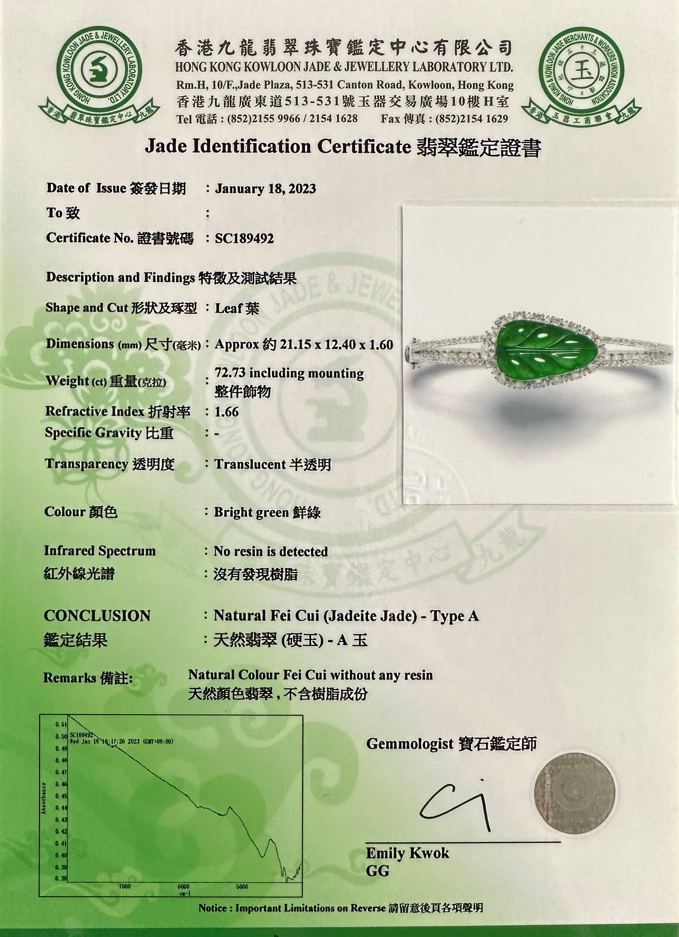 Certified Icy Apple Green Jade & Rose Cut Diamond Bangle Bracelet, Lucky Jade 12