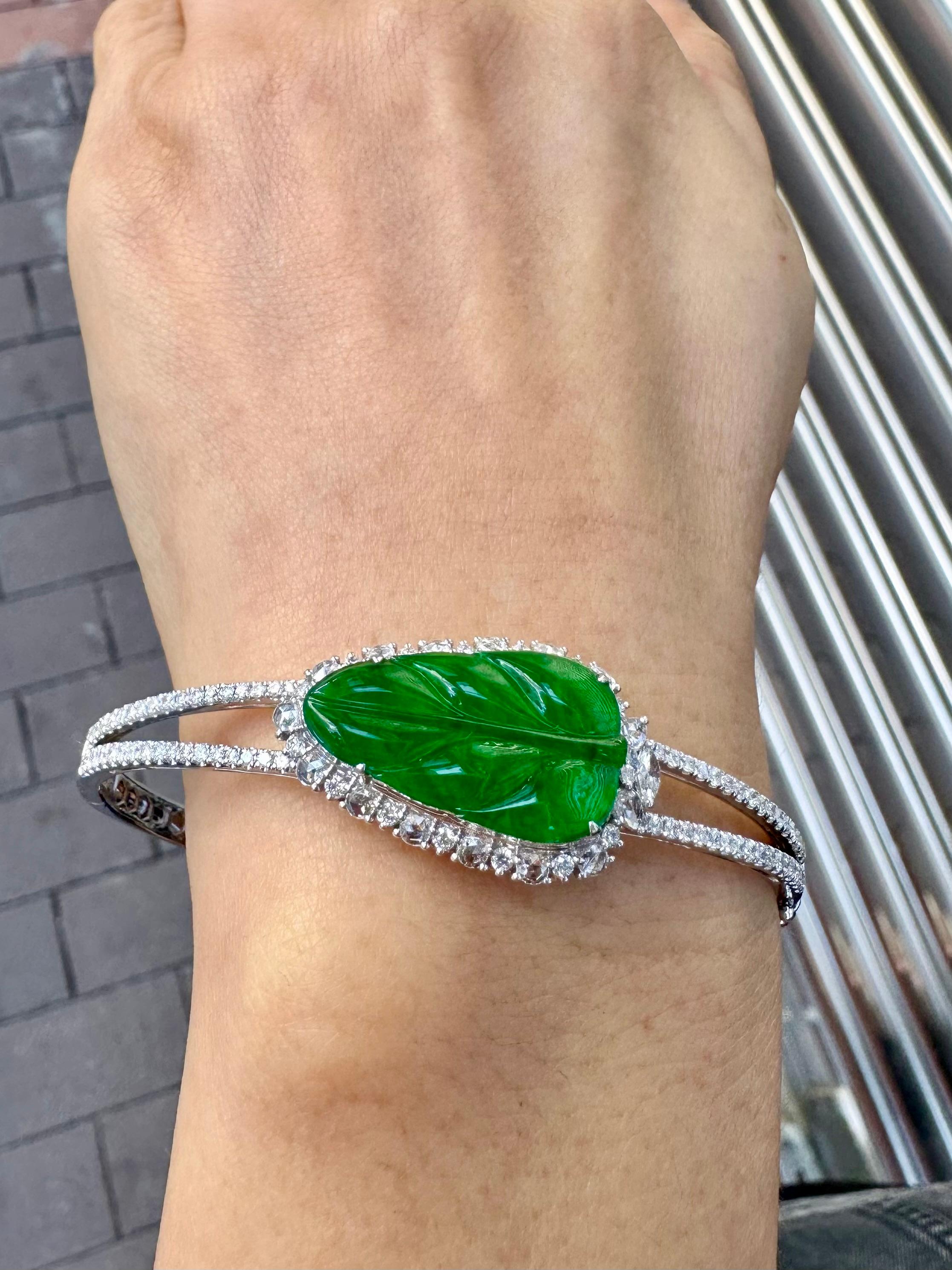 Women's Certified Icy Apple Green Jade & Rose Cut Diamond Bangle Bracelet, Lucky Jade