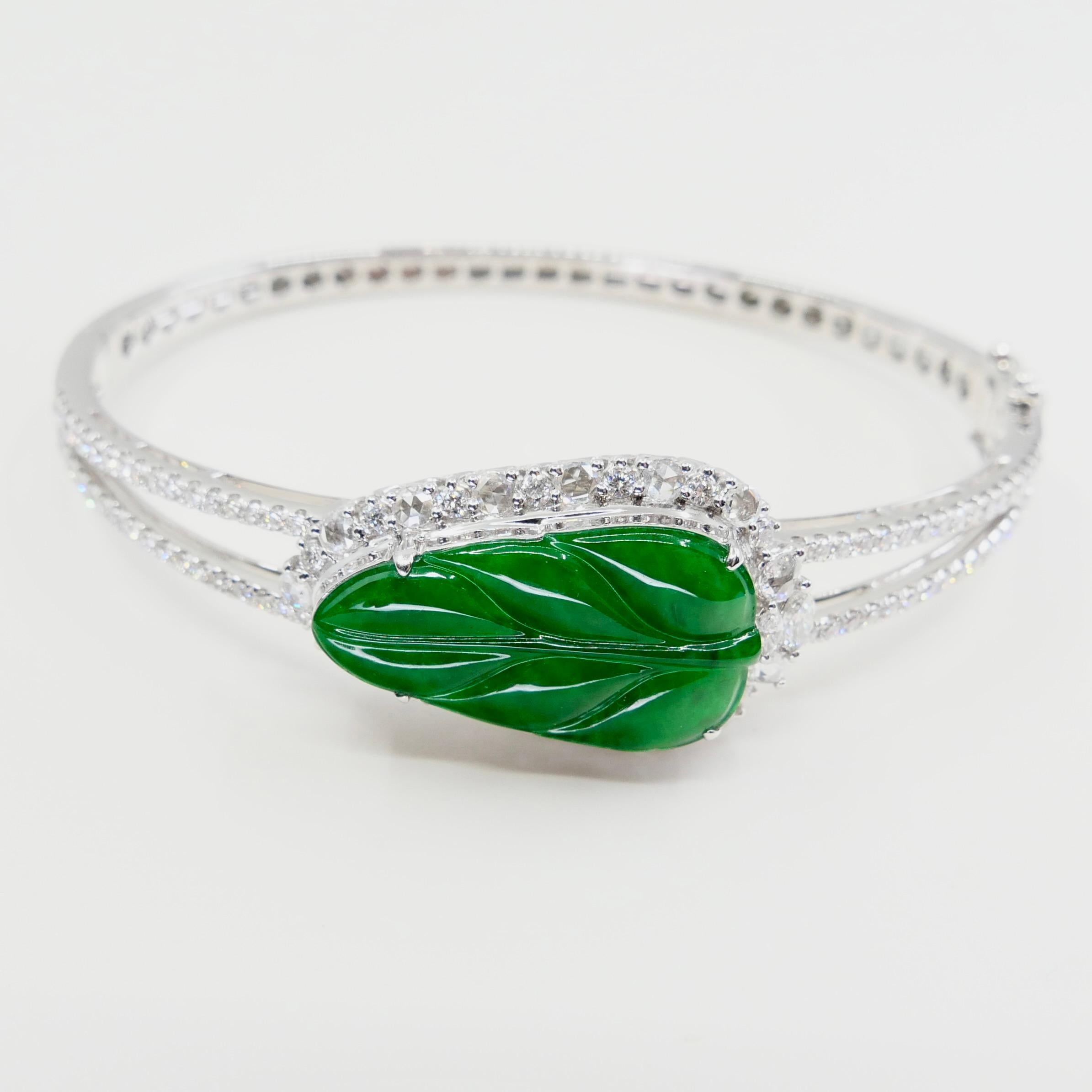 Certified Icy Apple Green Jade & Rose Cut Diamond Bangle Bracelet, Lucky Jade In New Condition In Hong Kong, HK