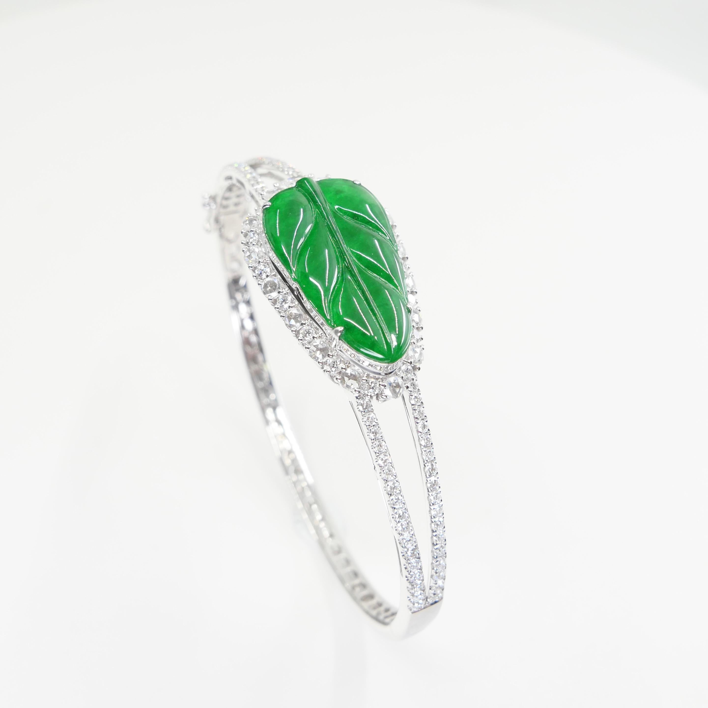 Certified Icy Apple Green Jade & Rose Cut Diamond Bangle Bracelet, Lucky Jade 2